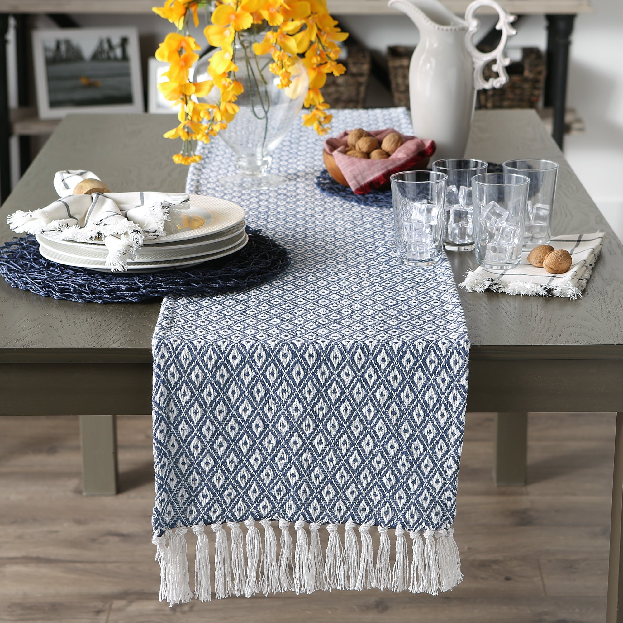 DII Mini Diamond Jacquard Fringe Cotton Table Runner