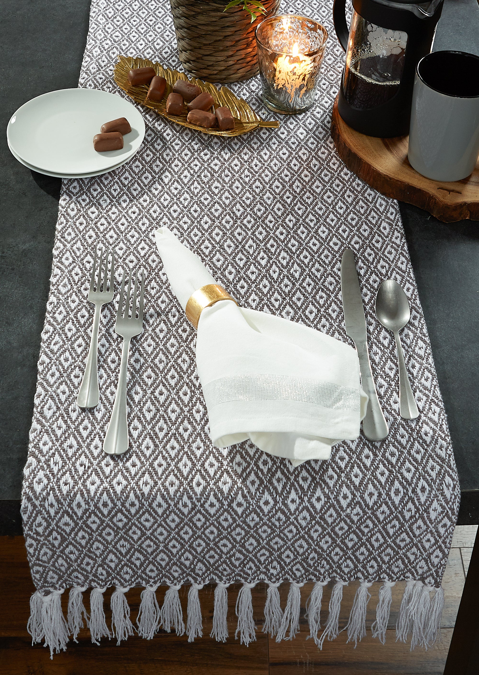 DII Mini Diamond Jacquard Fringe Cotton Table Runner