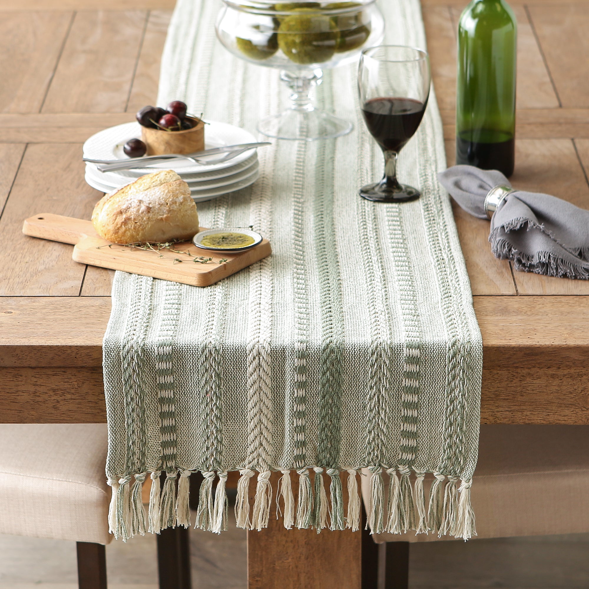 DII Stone Braided Stripe Jacquard Fringe Cotton Table Runner