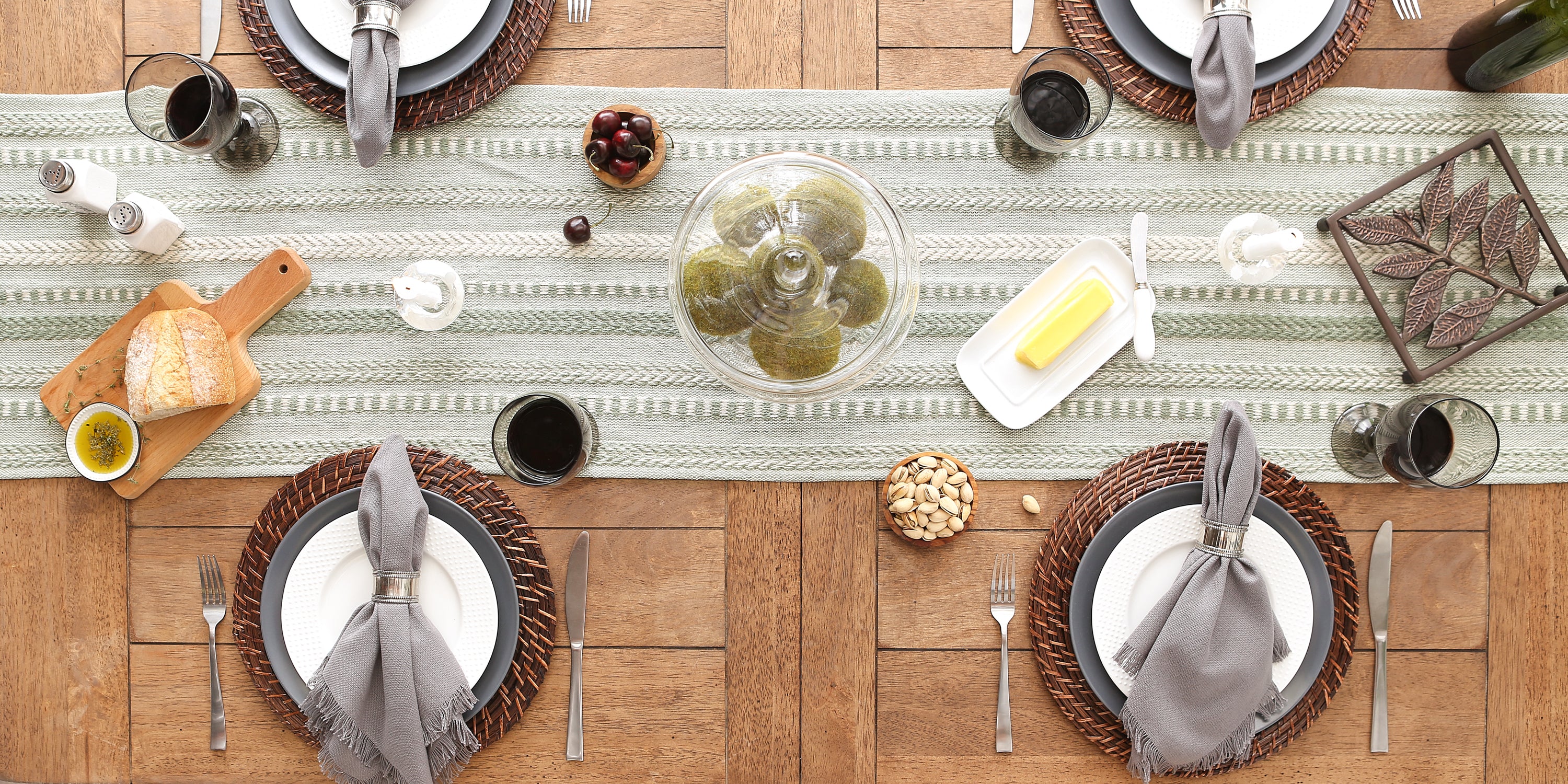 DII Stone Braided Stripe Jacquard Fringe Cotton Table Runner