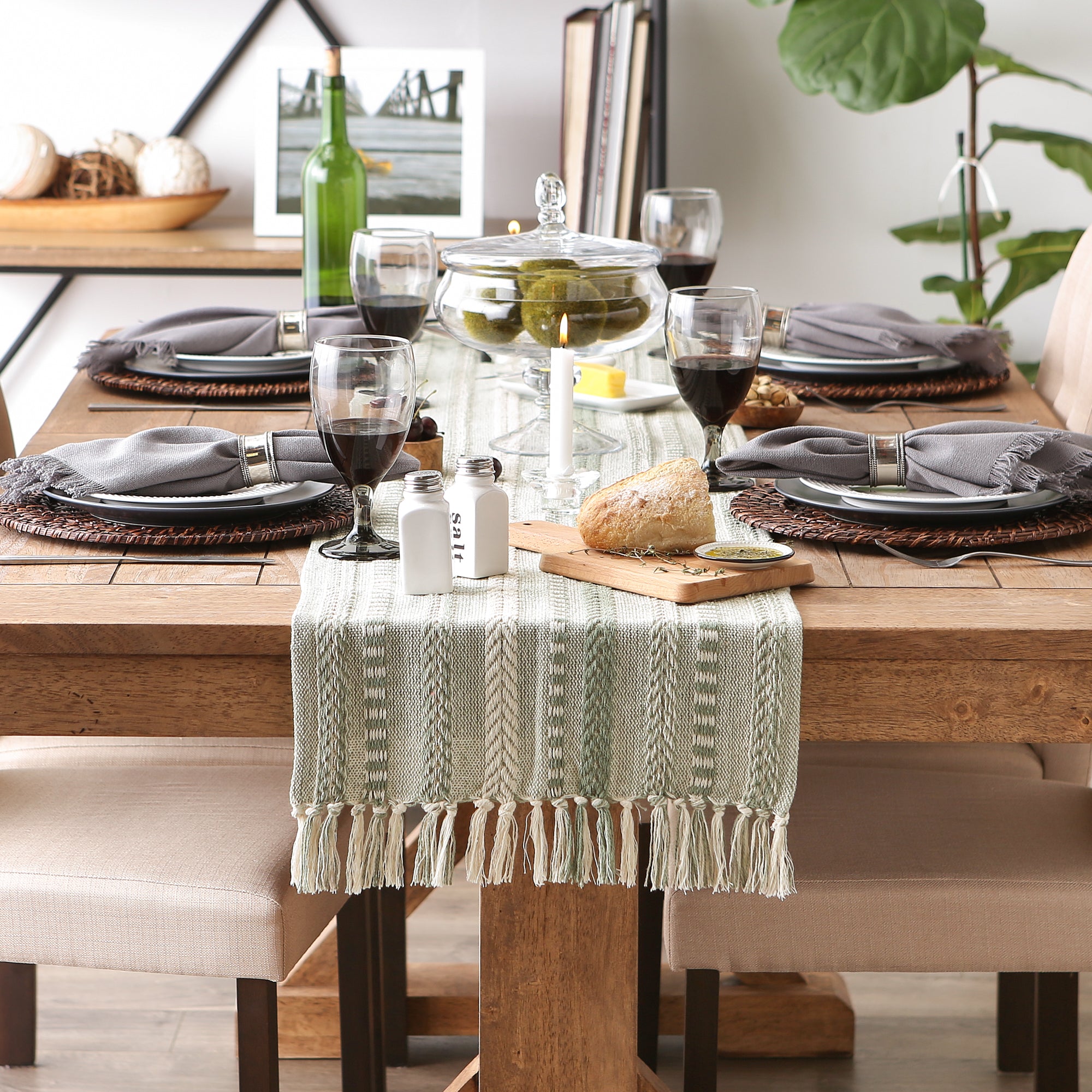 DII Stone Braided Stripe Jacquard Fringe Cotton Table Runner