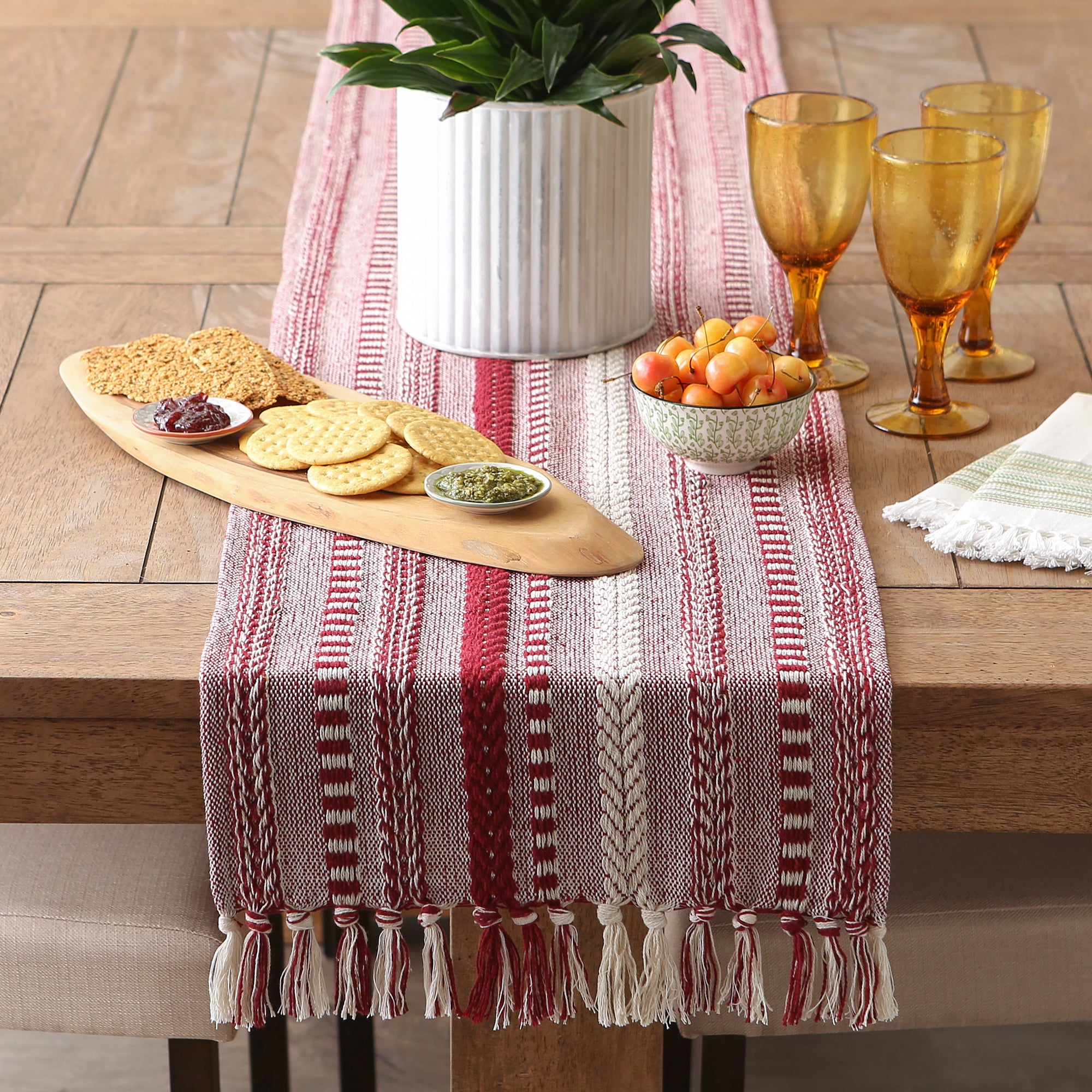 DII Stone Braided Stripe Jacquard Fringe Cotton Table Runner