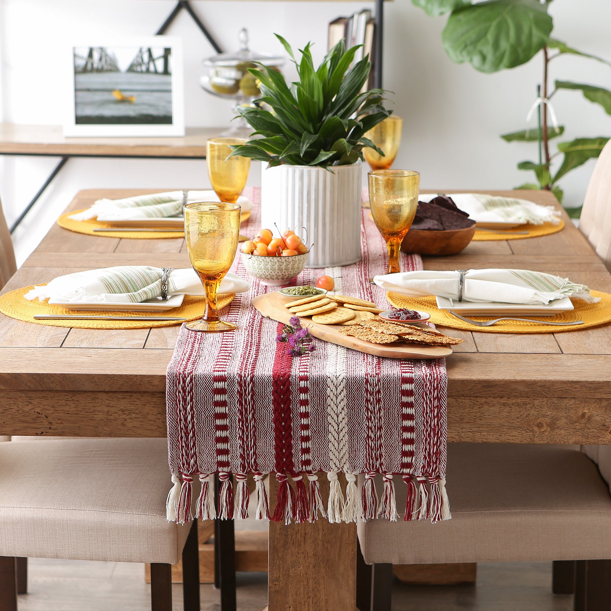 DII Stone Braided Stripe Jacquard Fringe Cotton Table Runner