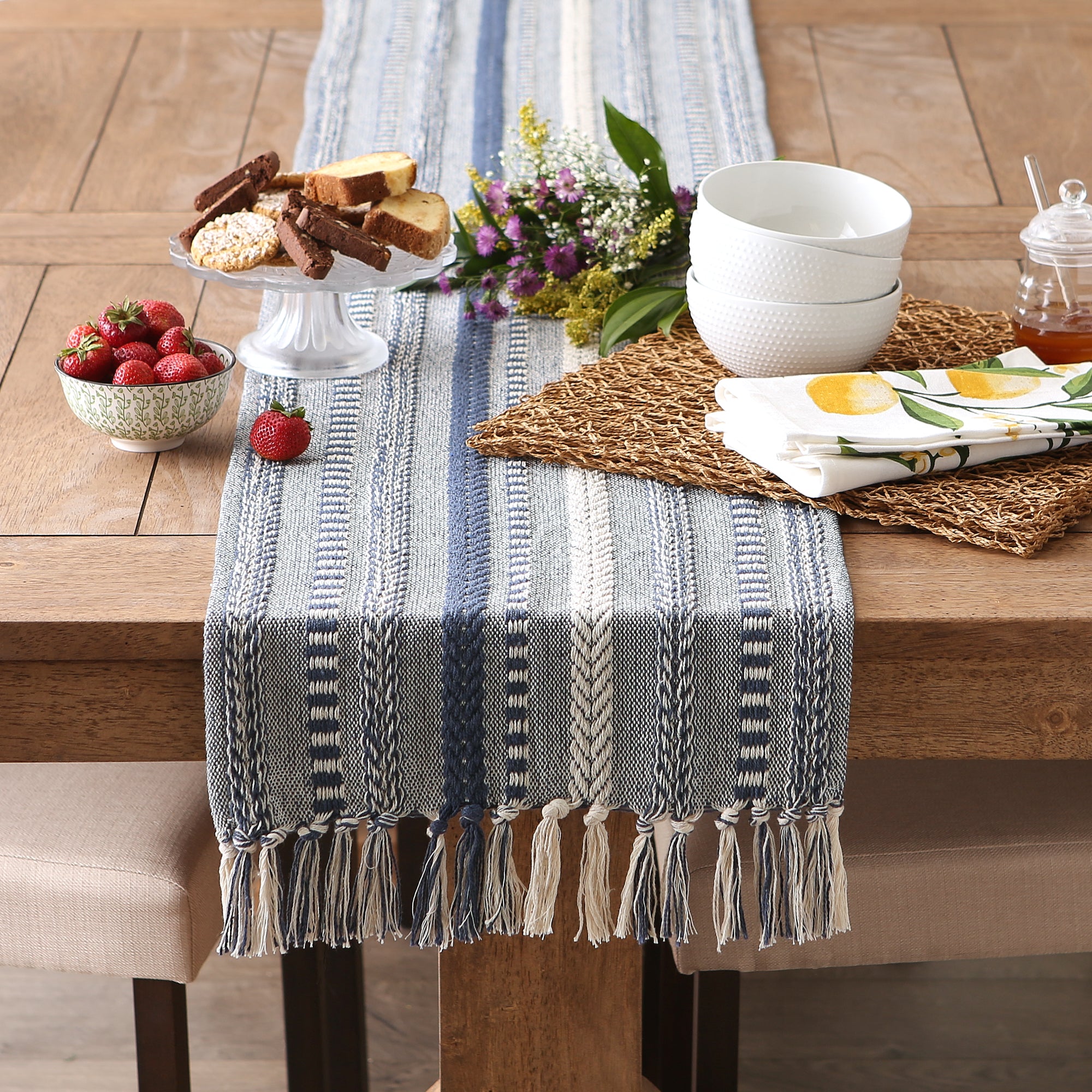 DII Stone Braided Stripe Jacquard Fringe Cotton Table Runner