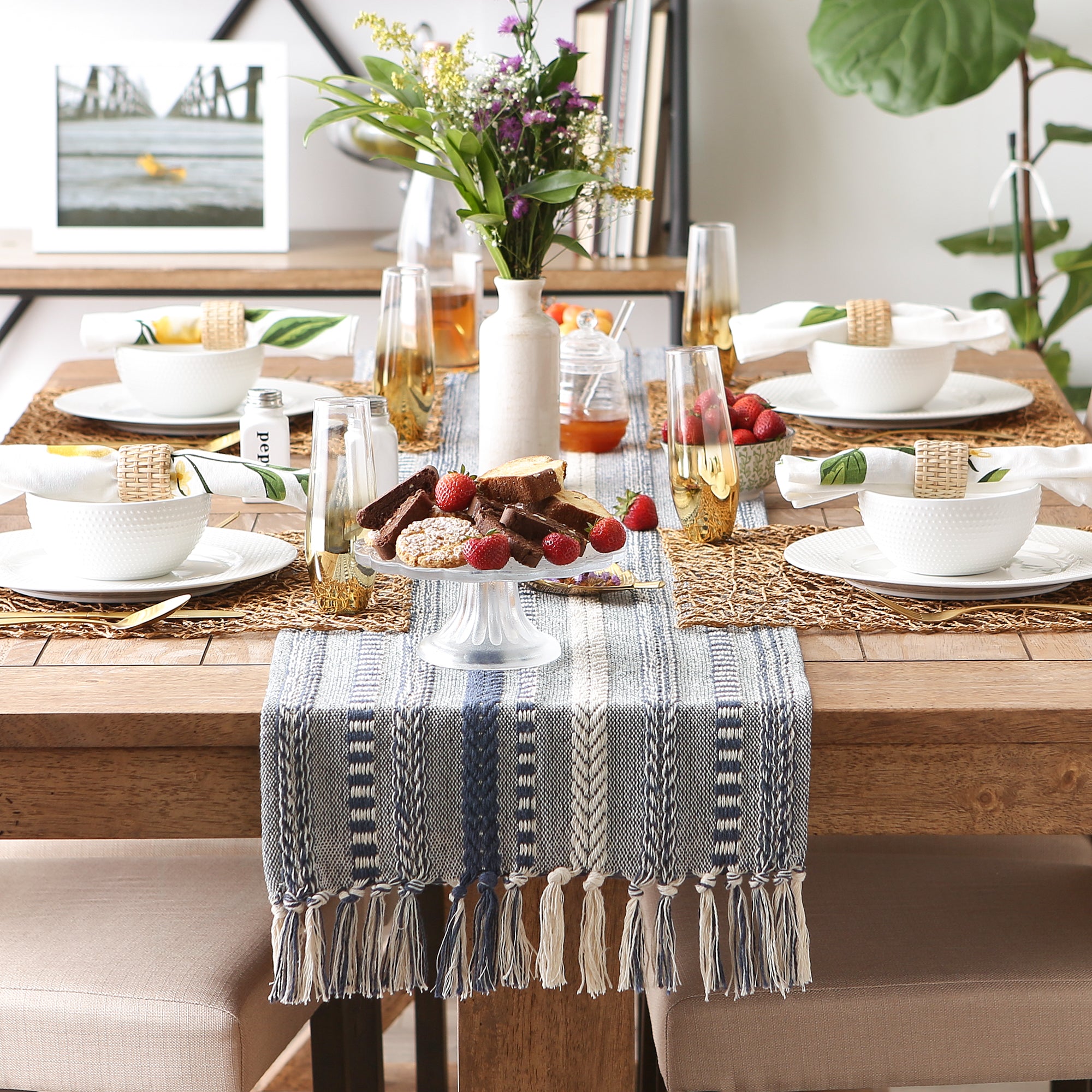 DII Stone Braided Stripe Jacquard Fringe Cotton Table Runner