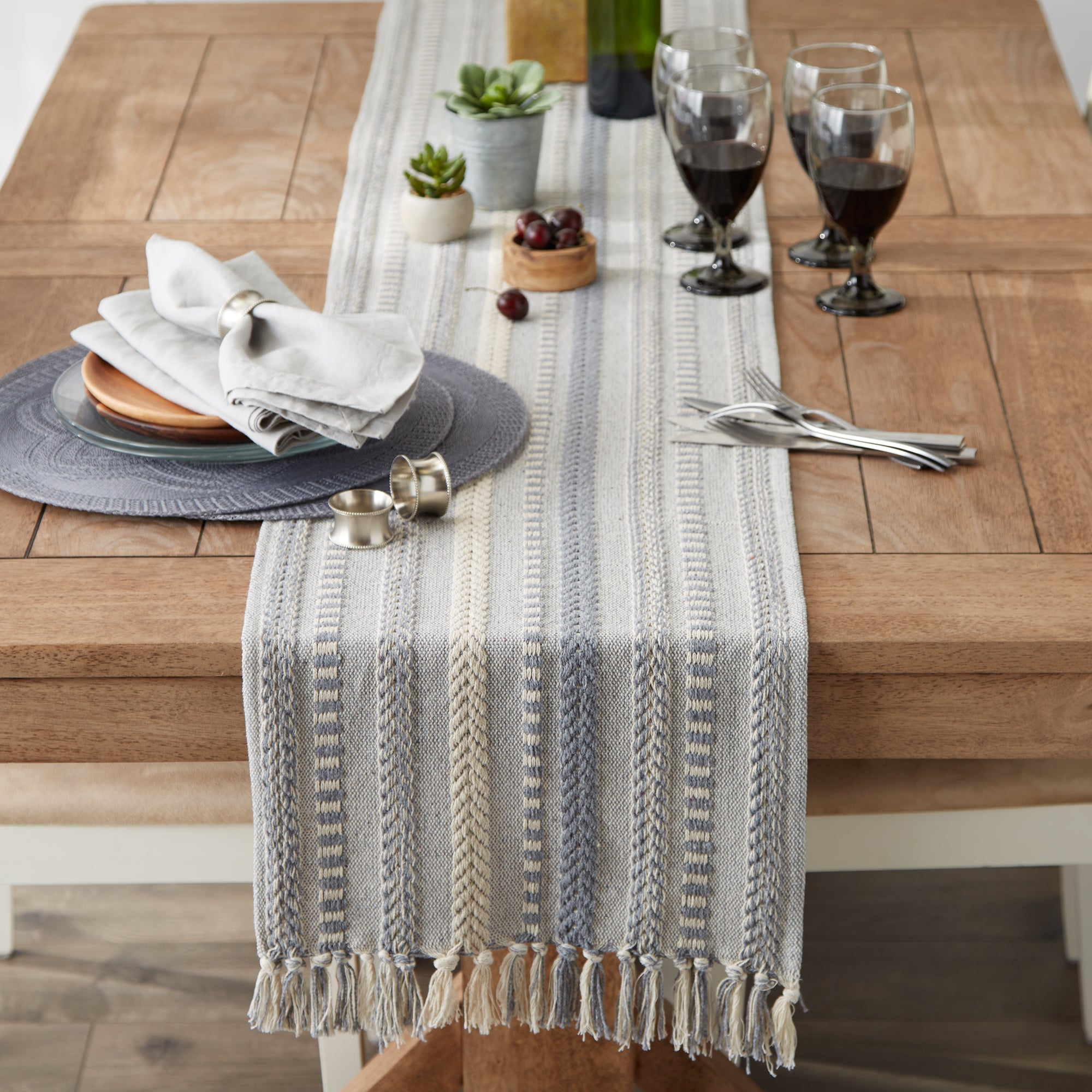 DII Stone Braided Stripe Jacquard Fringe Cotton Table Runner