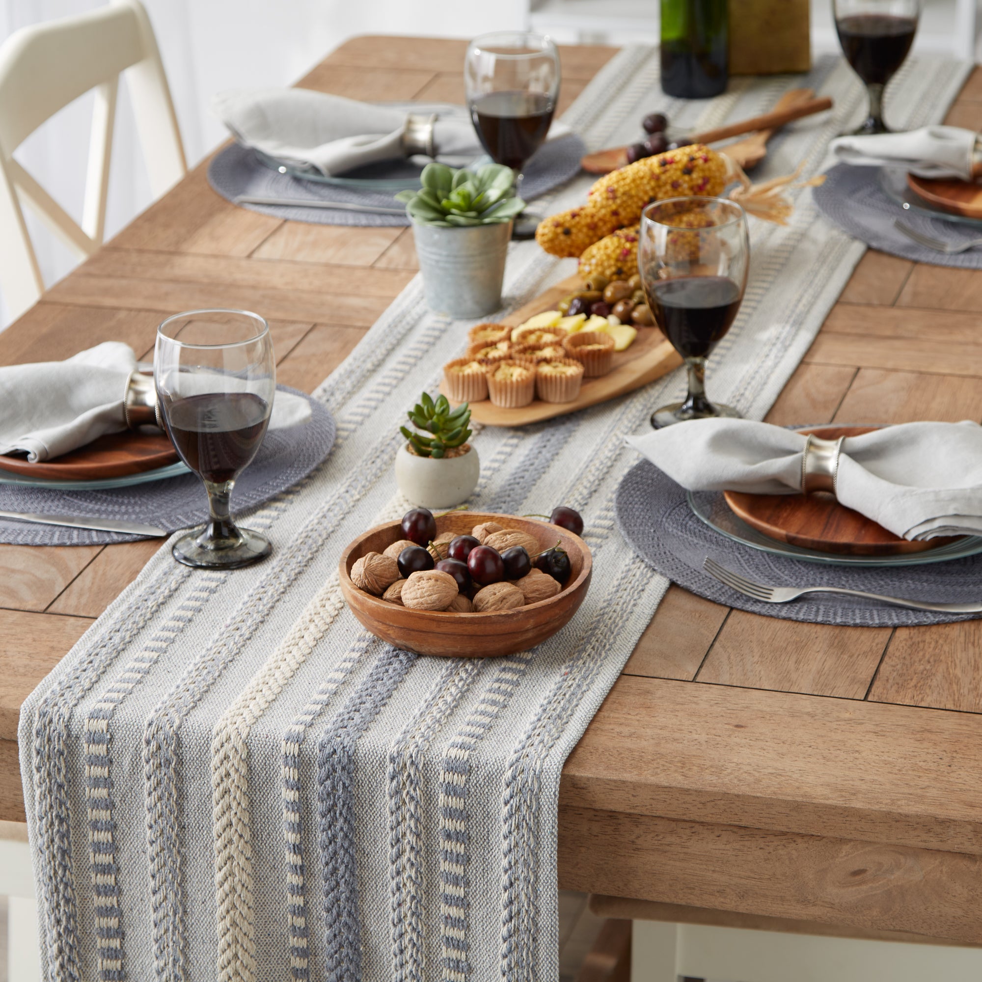 DII Stone Braided Stripe Jacquard Fringe Cotton Table Runner