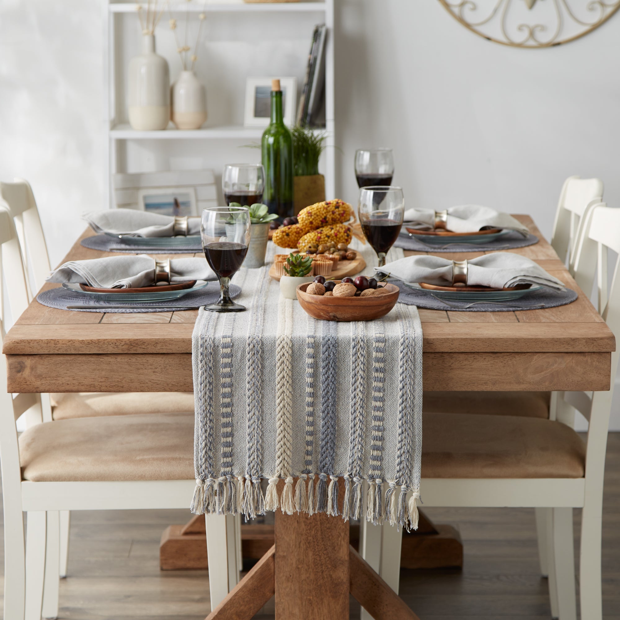 DII Stone Braided Stripe Jacquard Fringe Cotton Table Runner