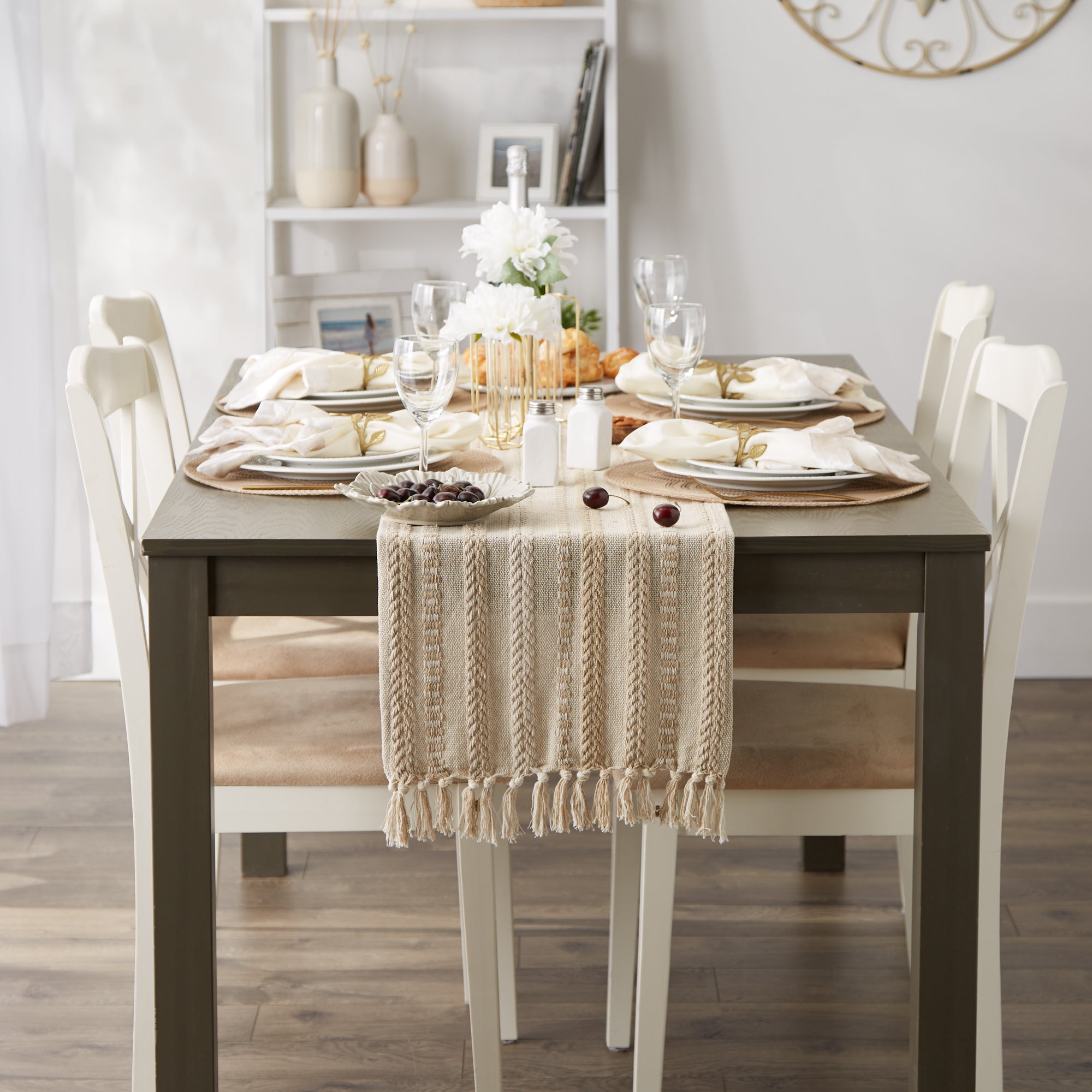 DII Stone Braided Stripe Jacquard Fringe Cotton Table Runner