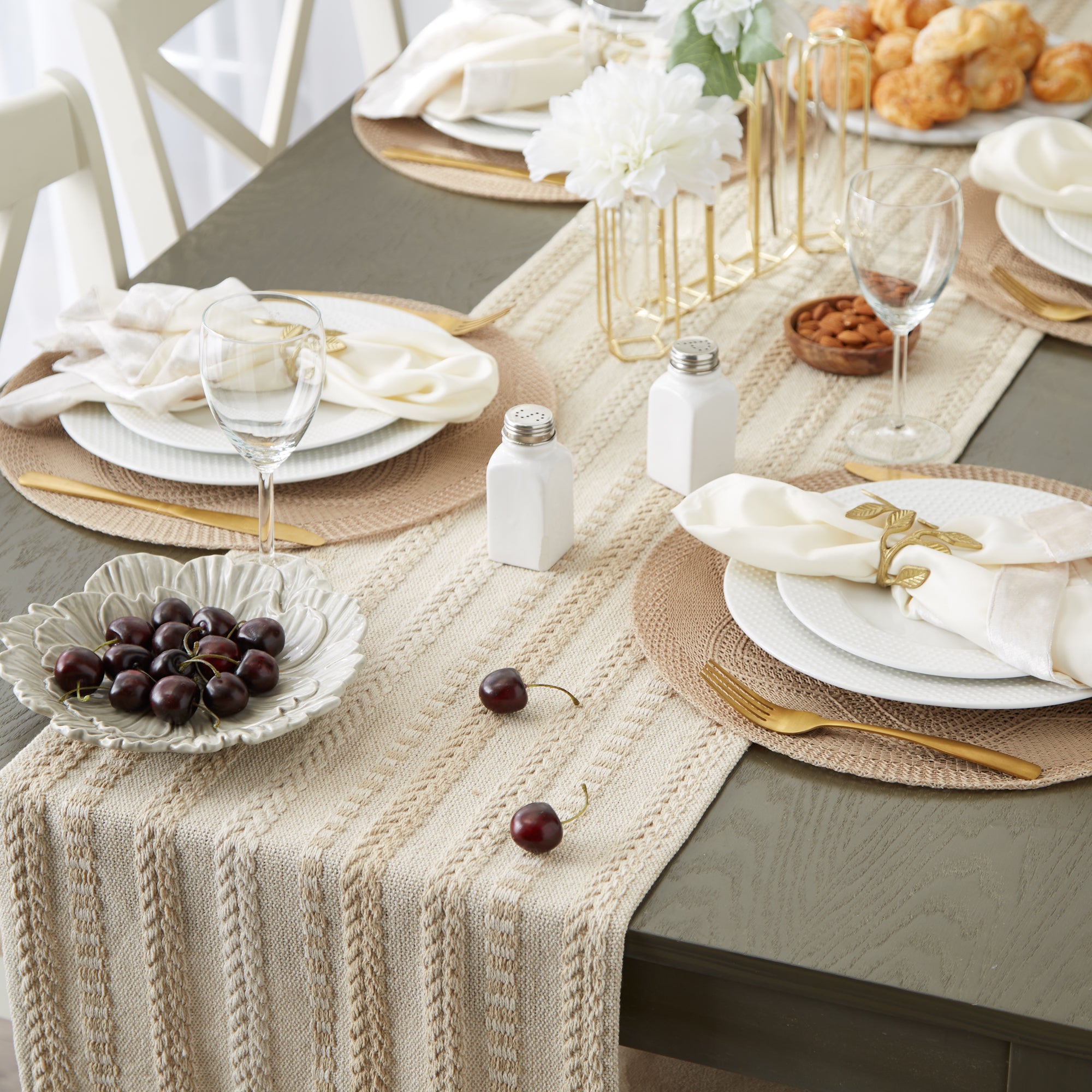 DII Stone Braided Stripe Jacquard Fringe Cotton Table Runner