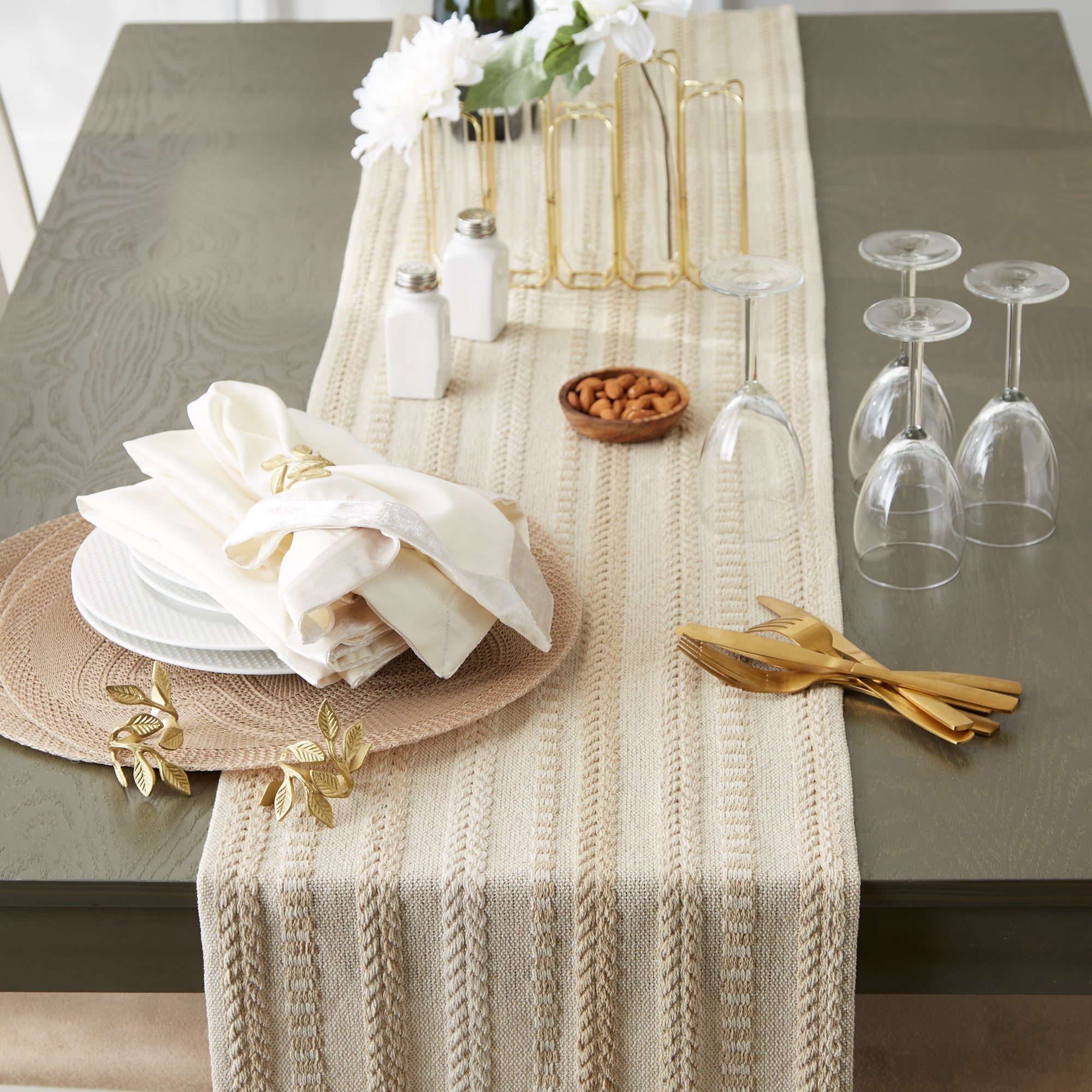 DII Stone Braided Stripe Jacquard Fringe Cotton Table Runner