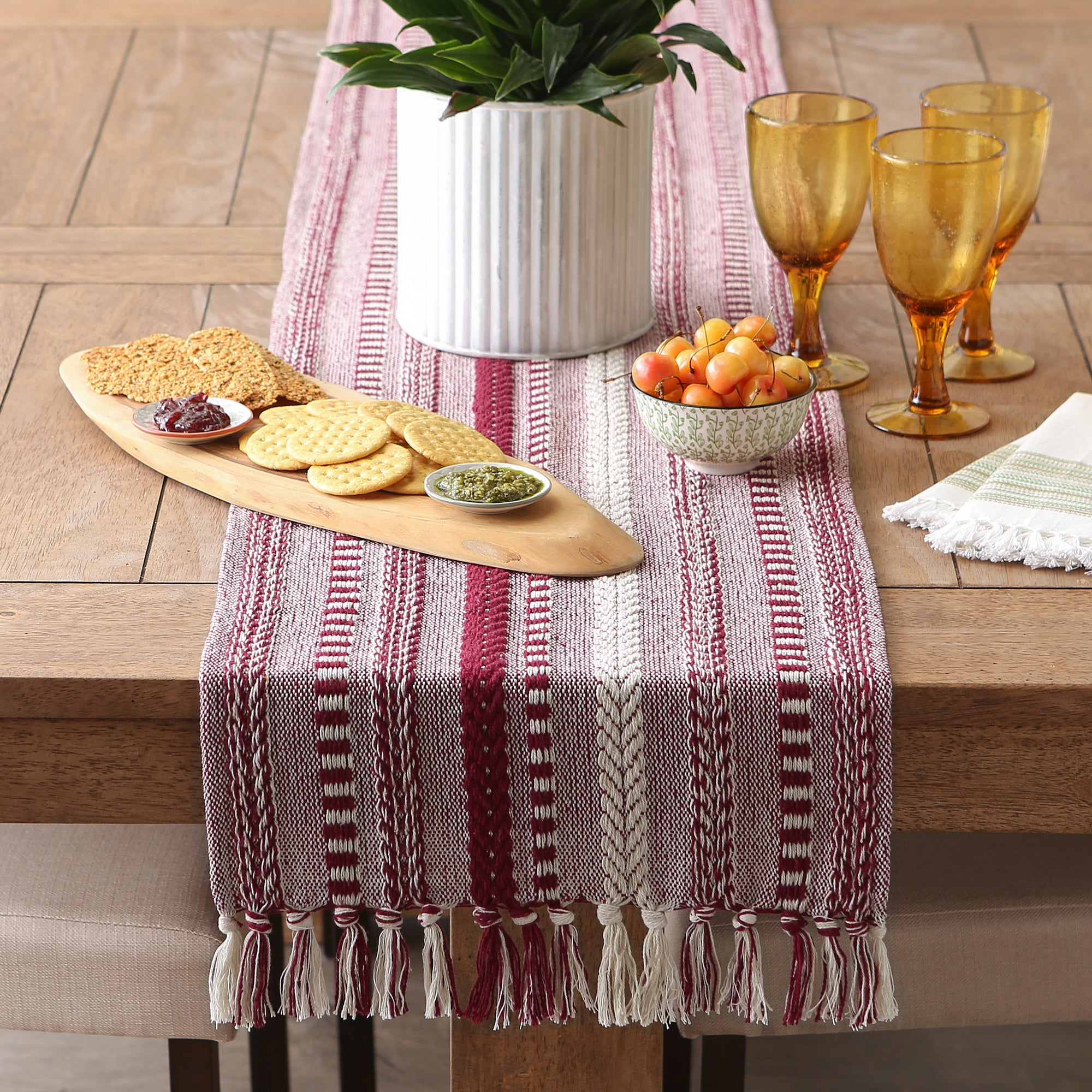 DII Stone Braided Stripe Jacquard Fringe Cotton Table Runner