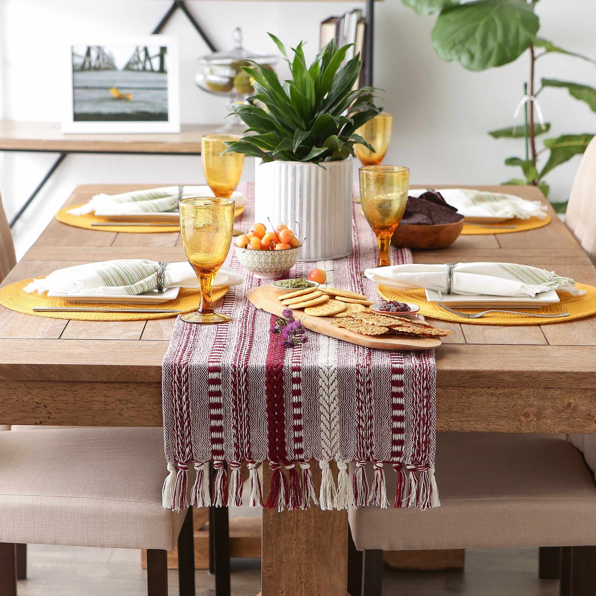 DII Stone Braided Stripe Jacquard Fringe Cotton Table Runner