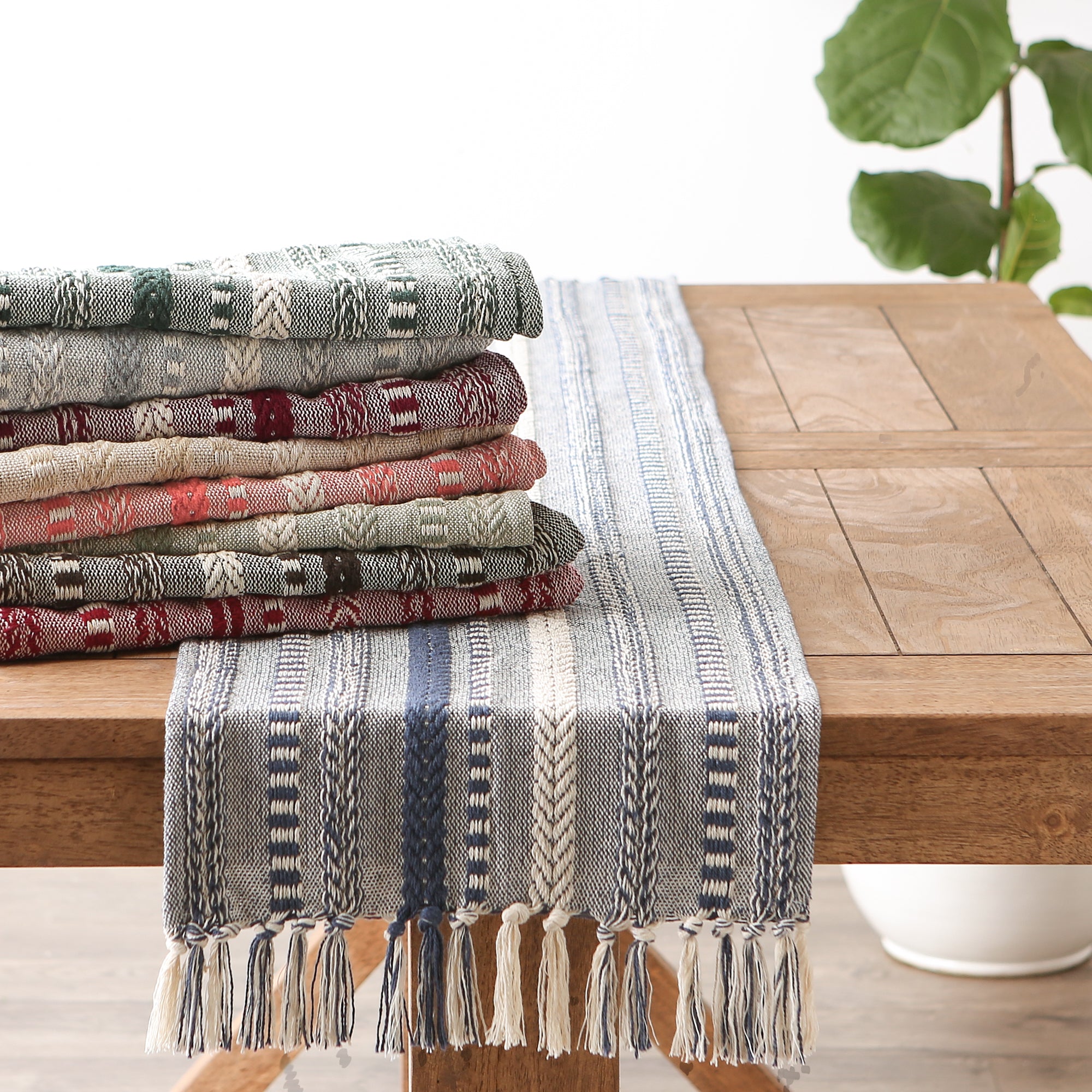 DII Stone Braided Stripe Jacquard Fringe Cotton Table Runner