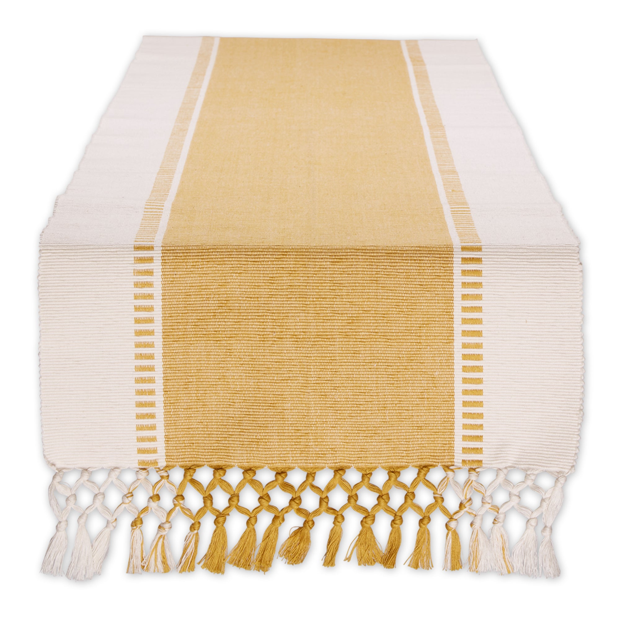 DII Ribbed Dobby Stripe Cotton Table Runner with Knotted Fringe