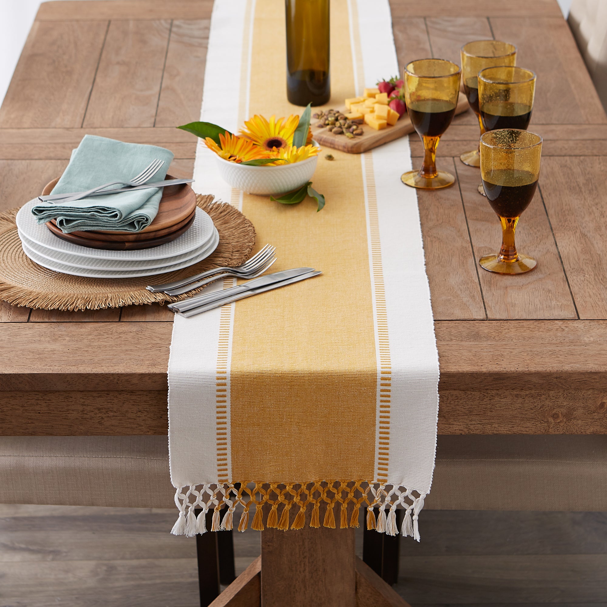 DII Ribbed Dobby Stripe Cotton Table Runner with Knotted Fringe