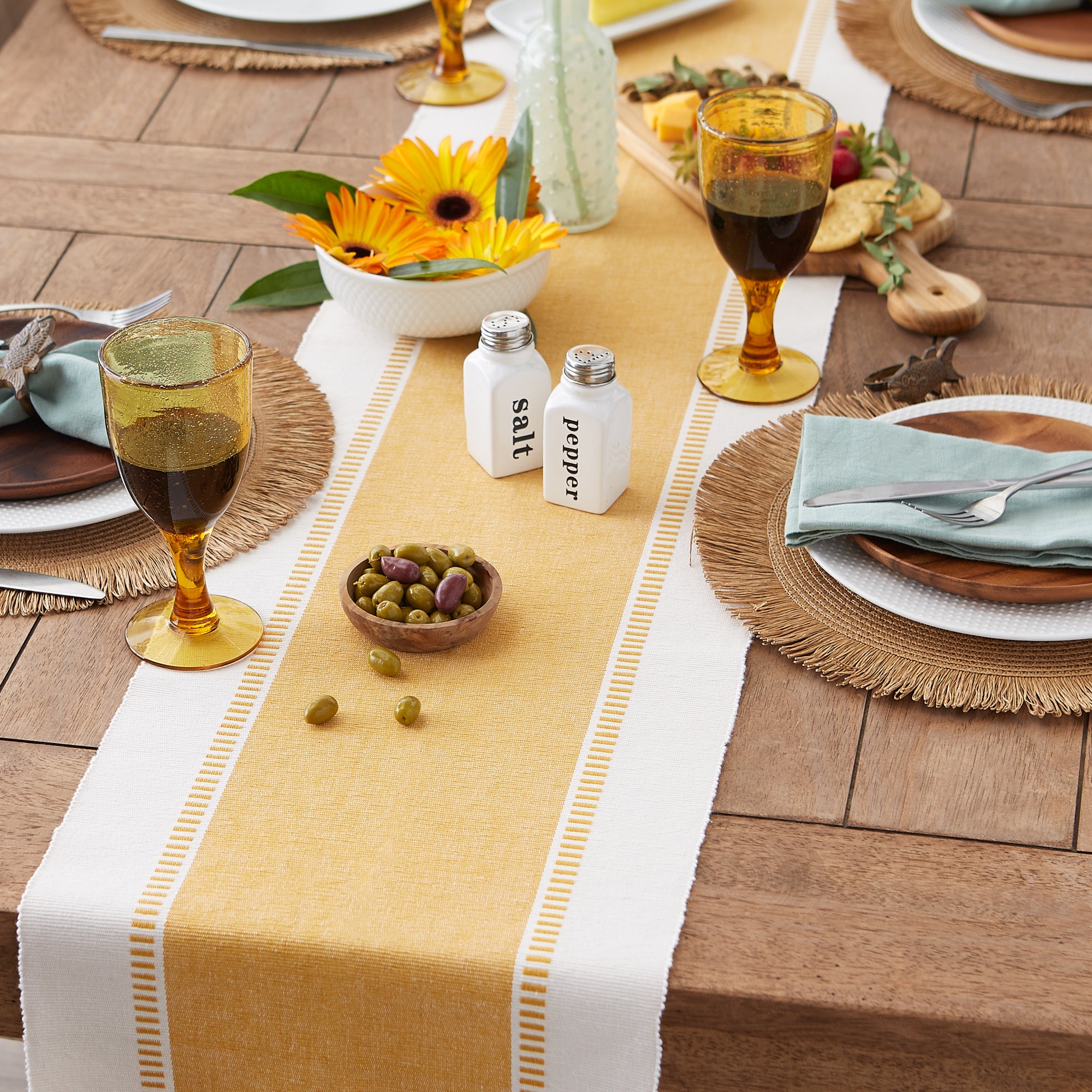 DII Ribbed Dobby Stripe Cotton Table Runner with Knotted Fringe