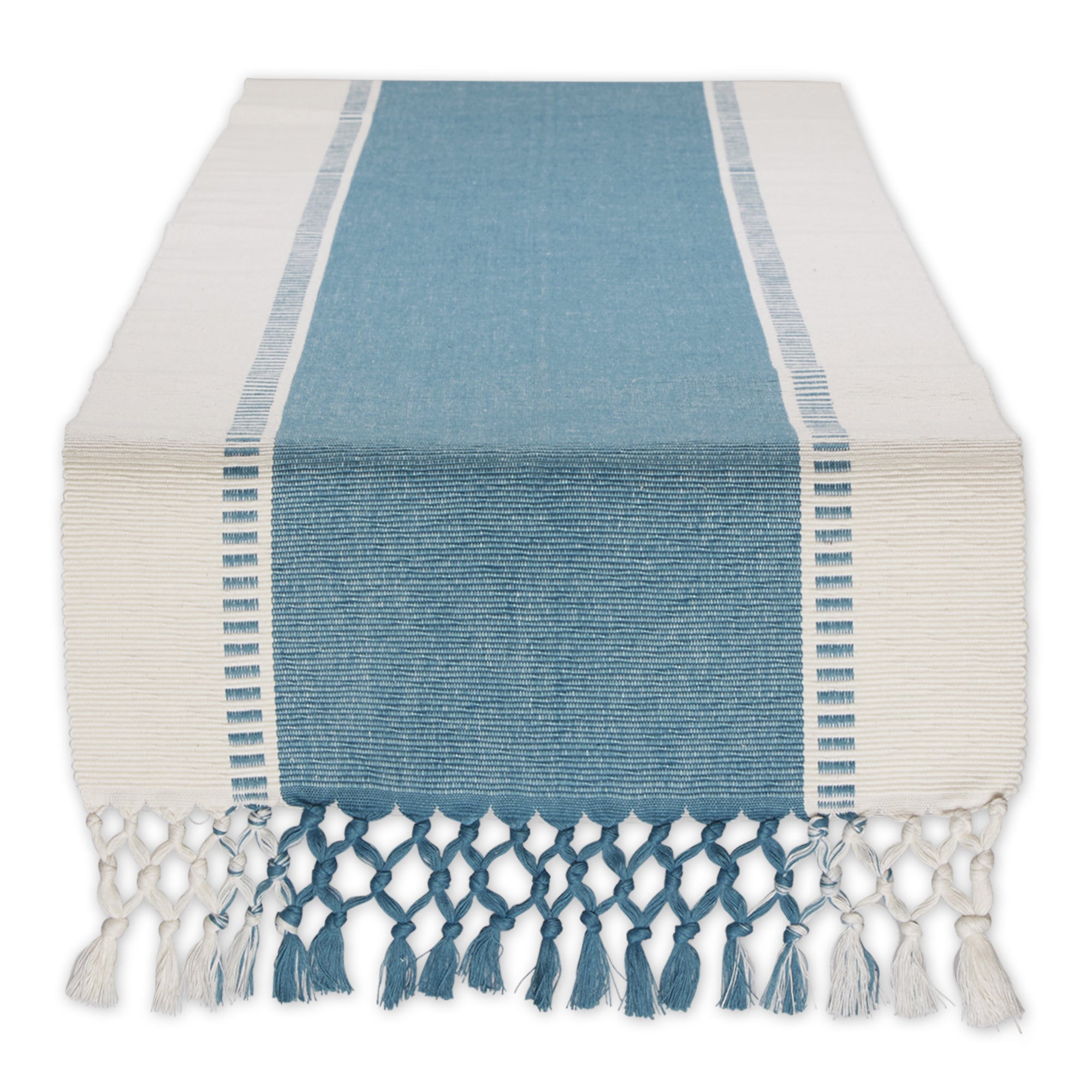 DII Ribbed Dobby Stripe Cotton Table Runner with Knotted Fringe