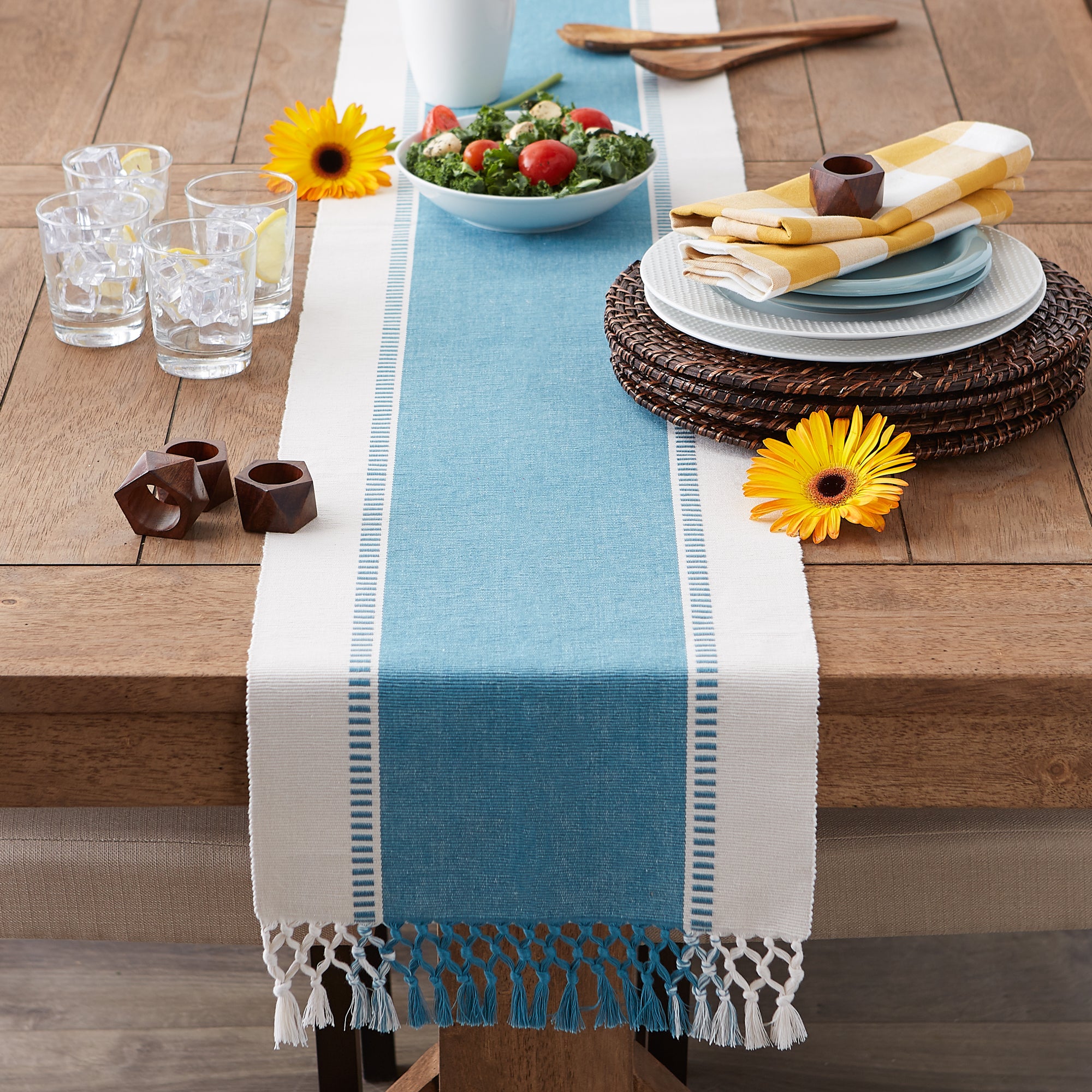 DII Ribbed Dobby Stripe Cotton Table Runner with Knotted Fringe