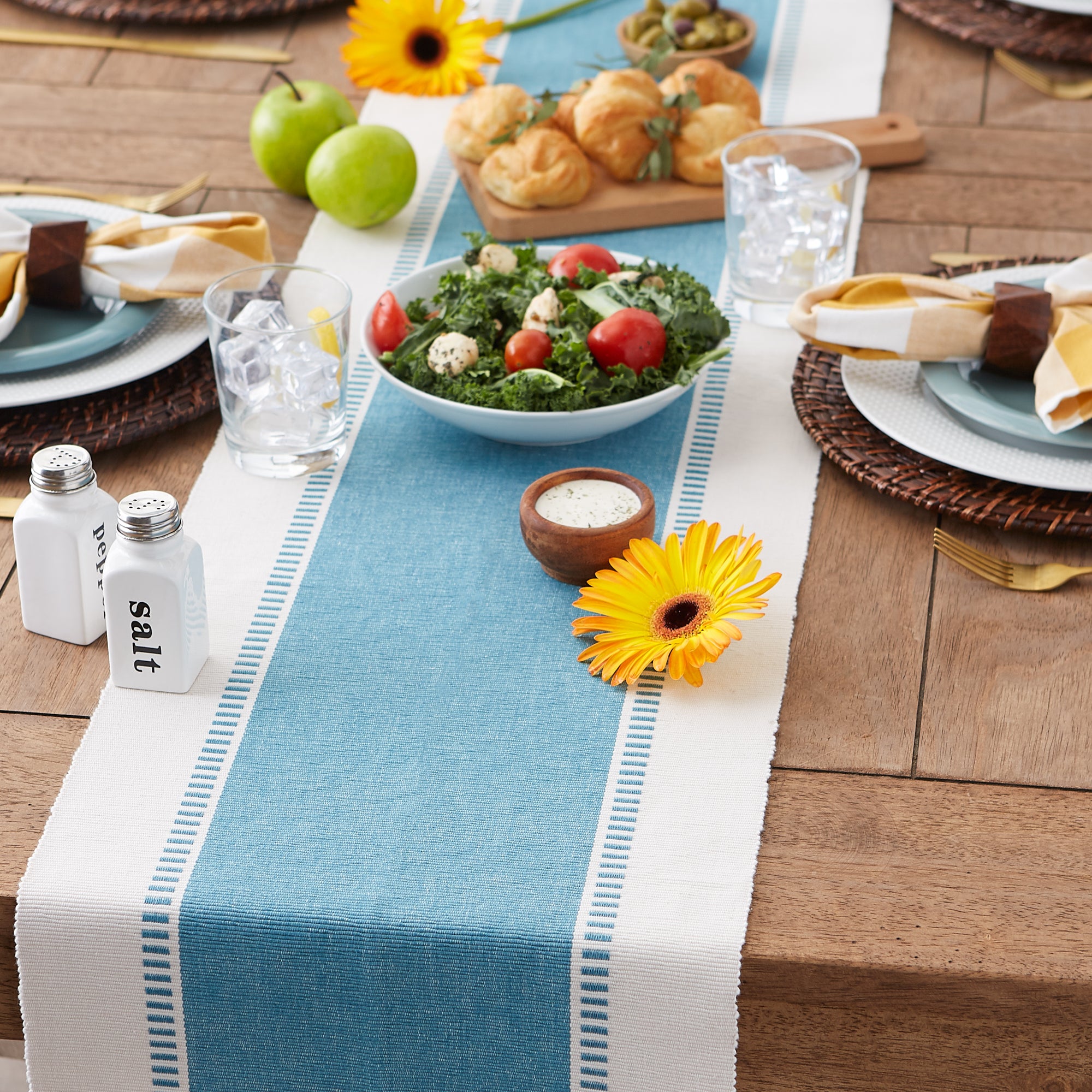 DII Ribbed Dobby Stripe Cotton Table Runner with Knotted Fringe