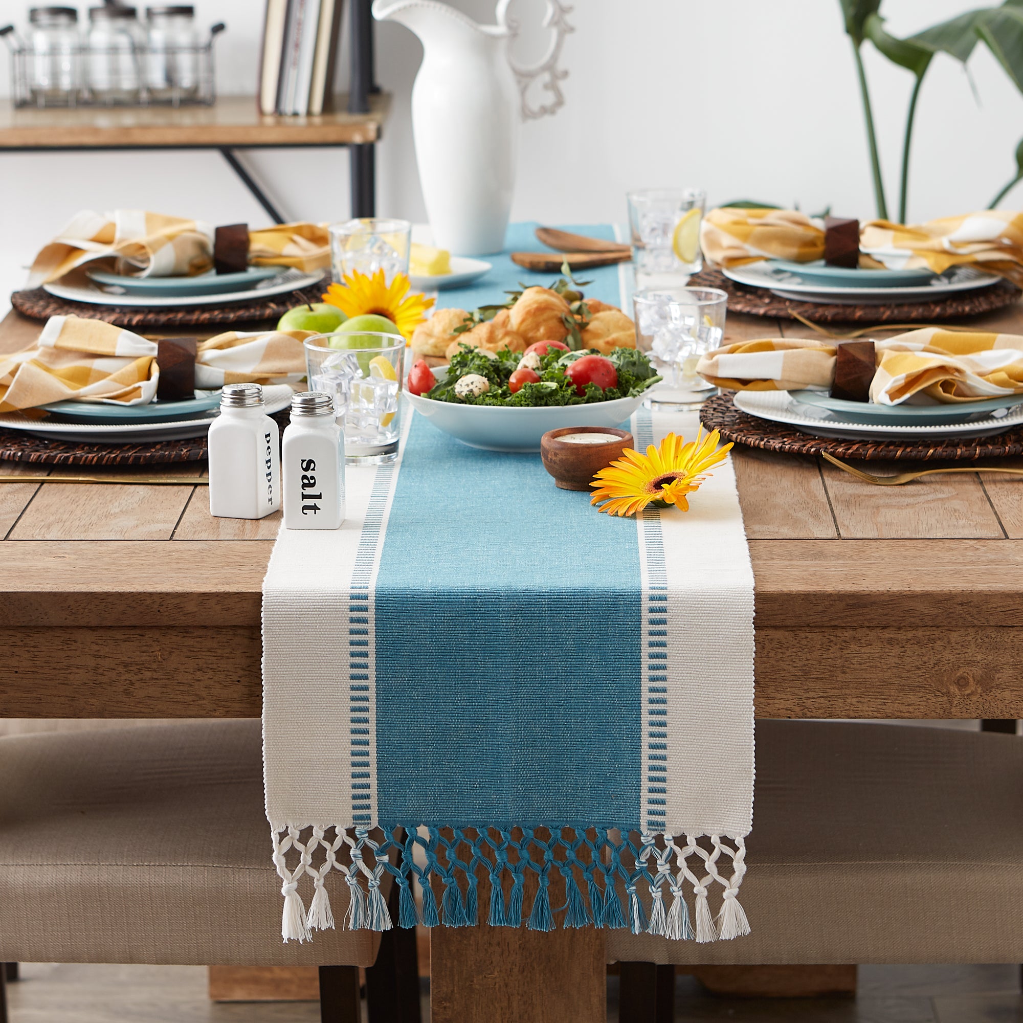 DII Ribbed Dobby Stripe Cotton Table Runner with Knotted Fringe