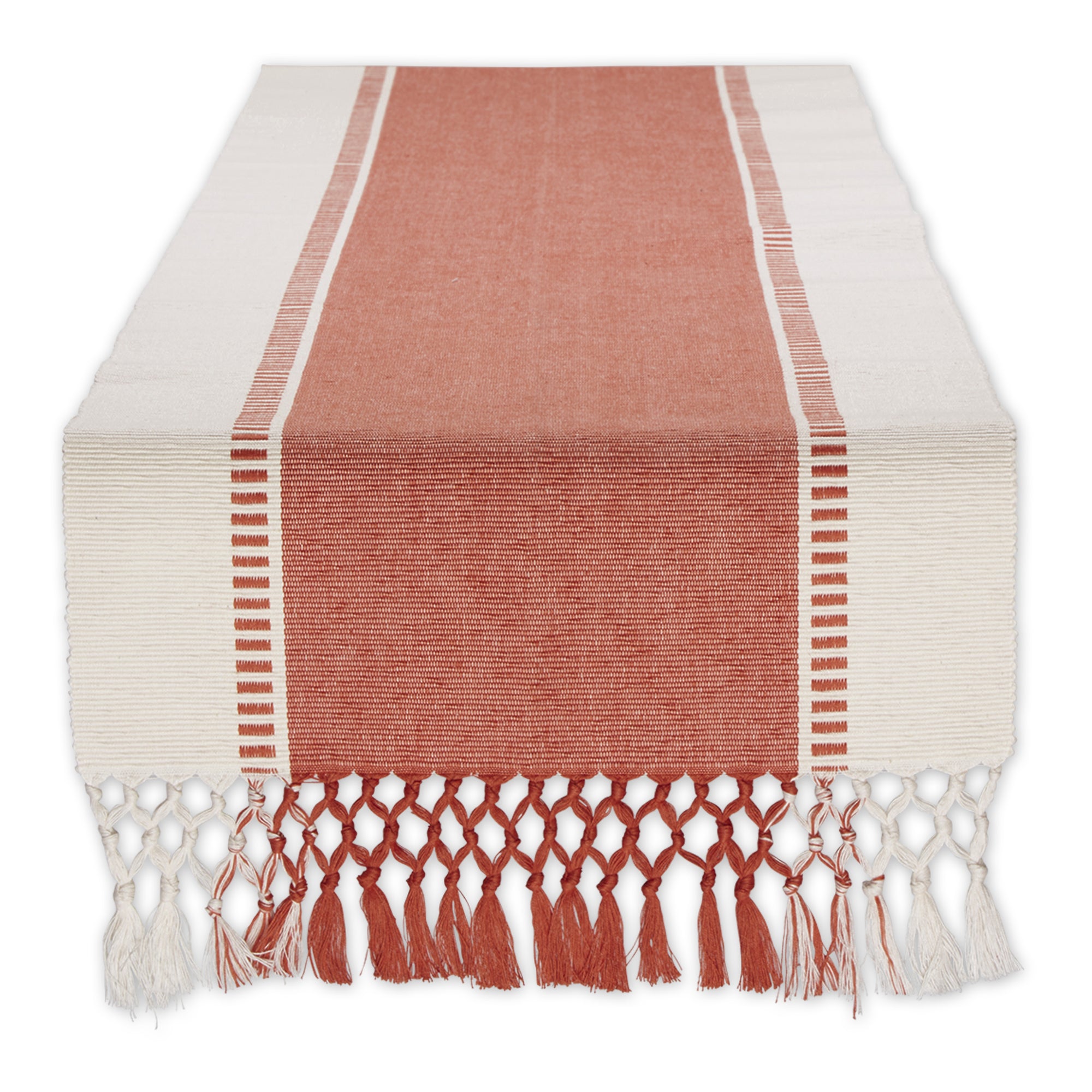 DII Ribbed Dobby Stripe Cotton Table Runner with Knotted Fringe
