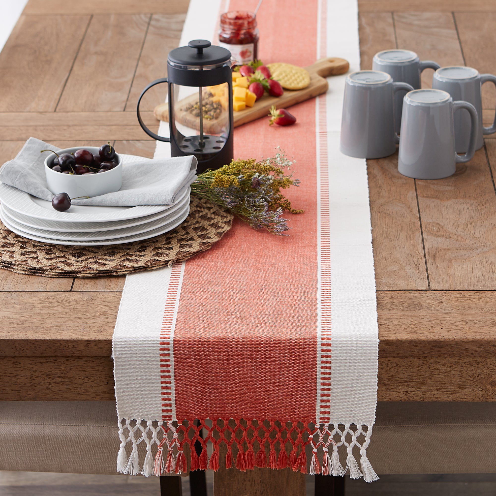 DII Ribbed Dobby Stripe Cotton Table Runner with Knotted Fringe