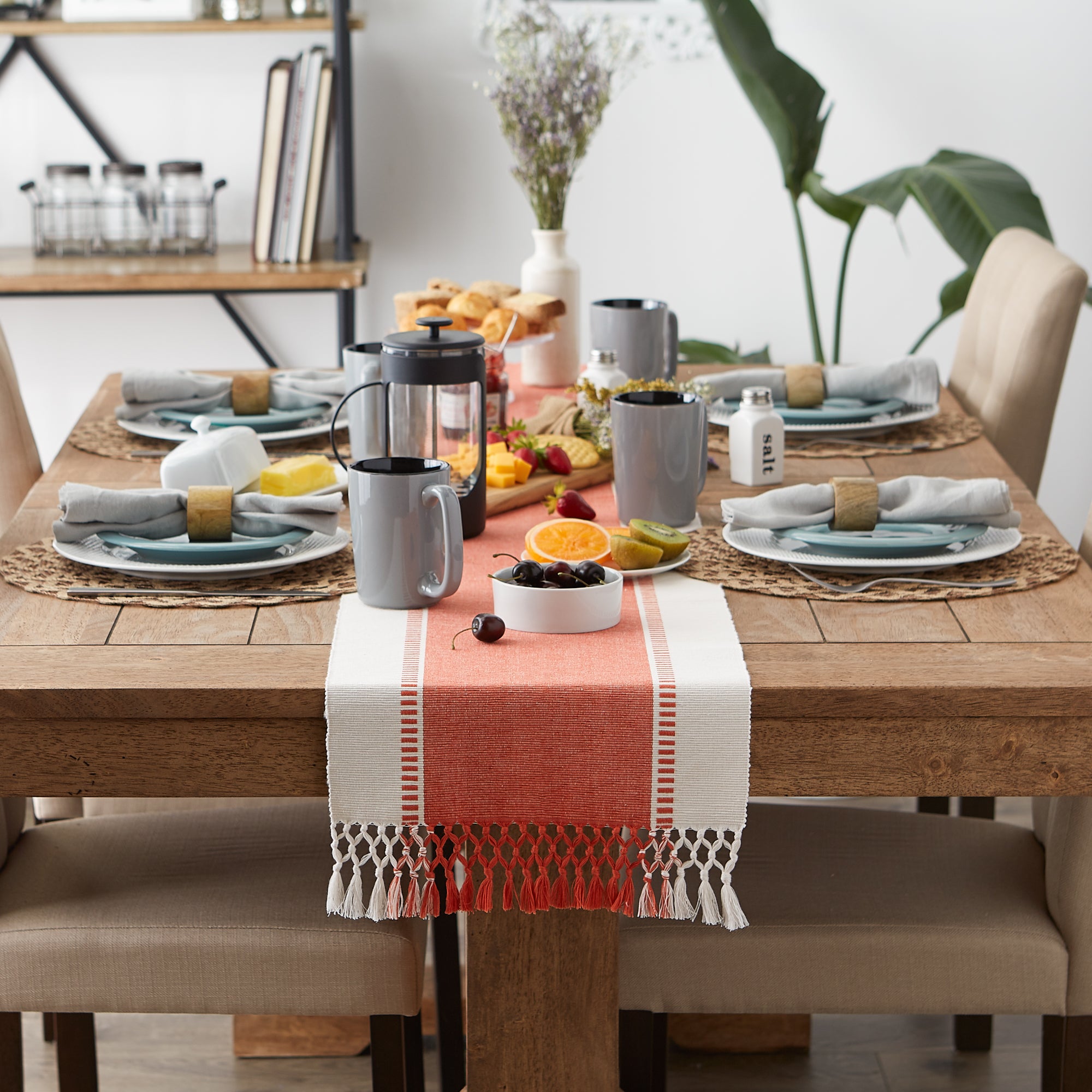 DII Ribbed Dobby Stripe Cotton Table Runner with Knotted Fringe