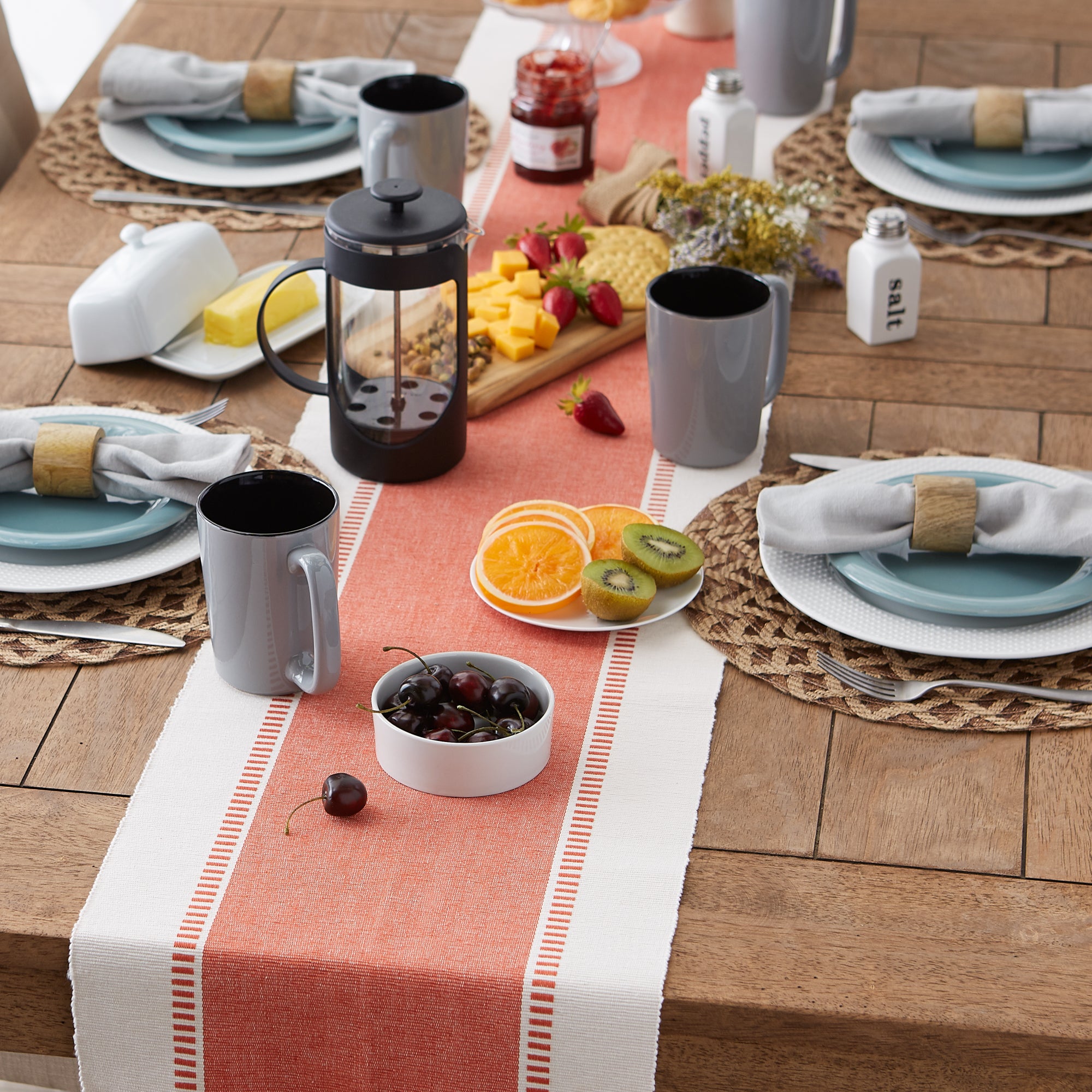 DII Ribbed Dobby Stripe Cotton Table Runner with Knotted Fringe