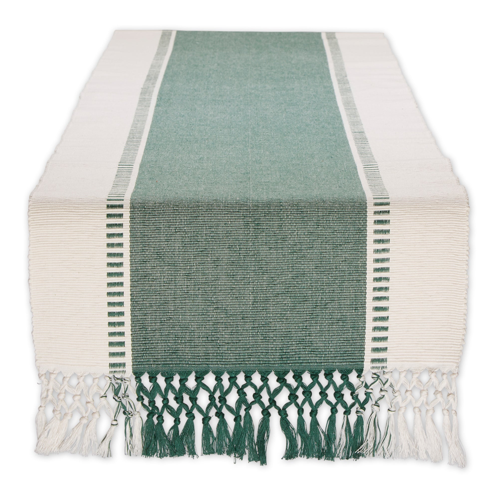 DII Ribbed Dobby Stripe Cotton Table Runner with Knotted Fringe