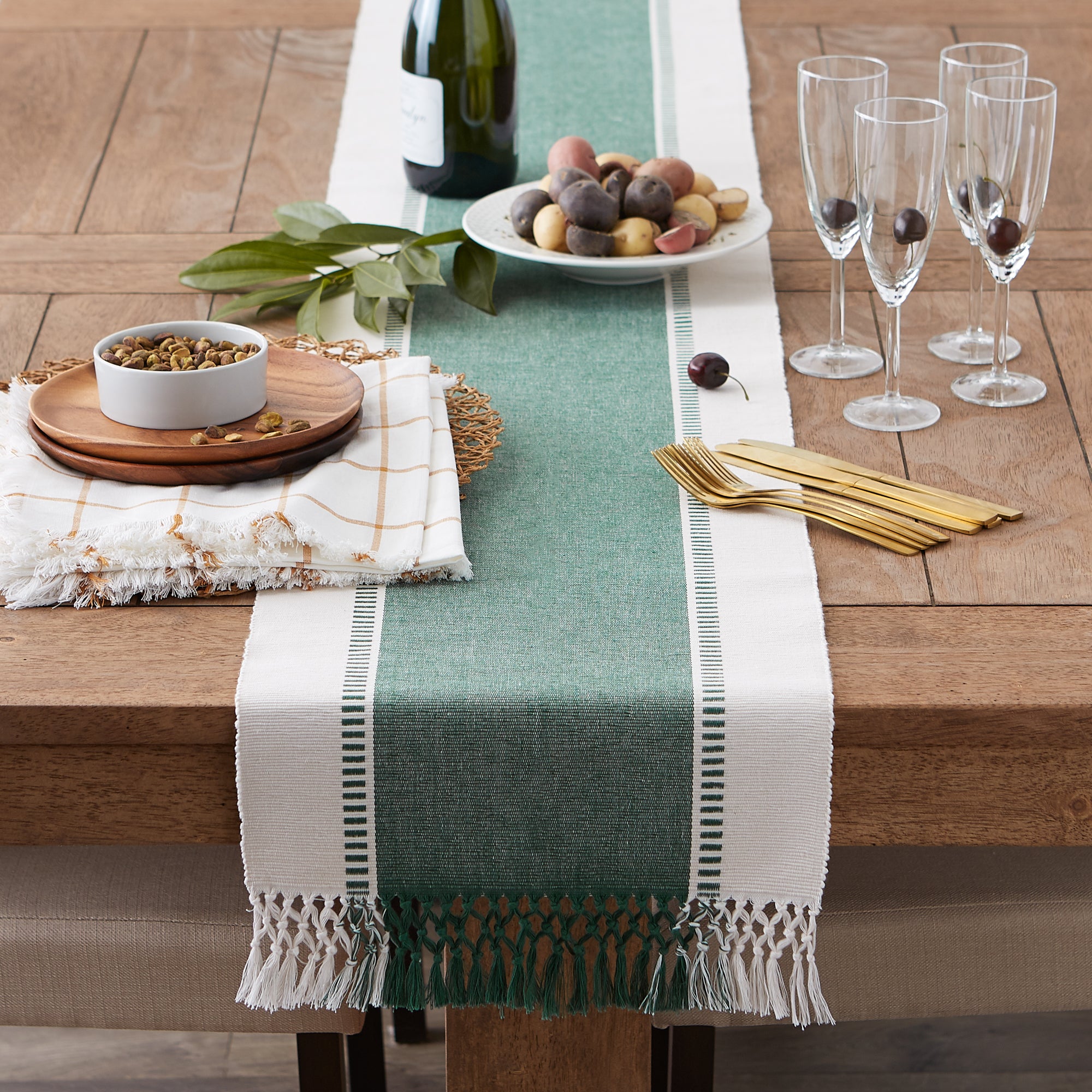 DII Ribbed Dobby Stripe Cotton Table Runner with Knotted Fringe