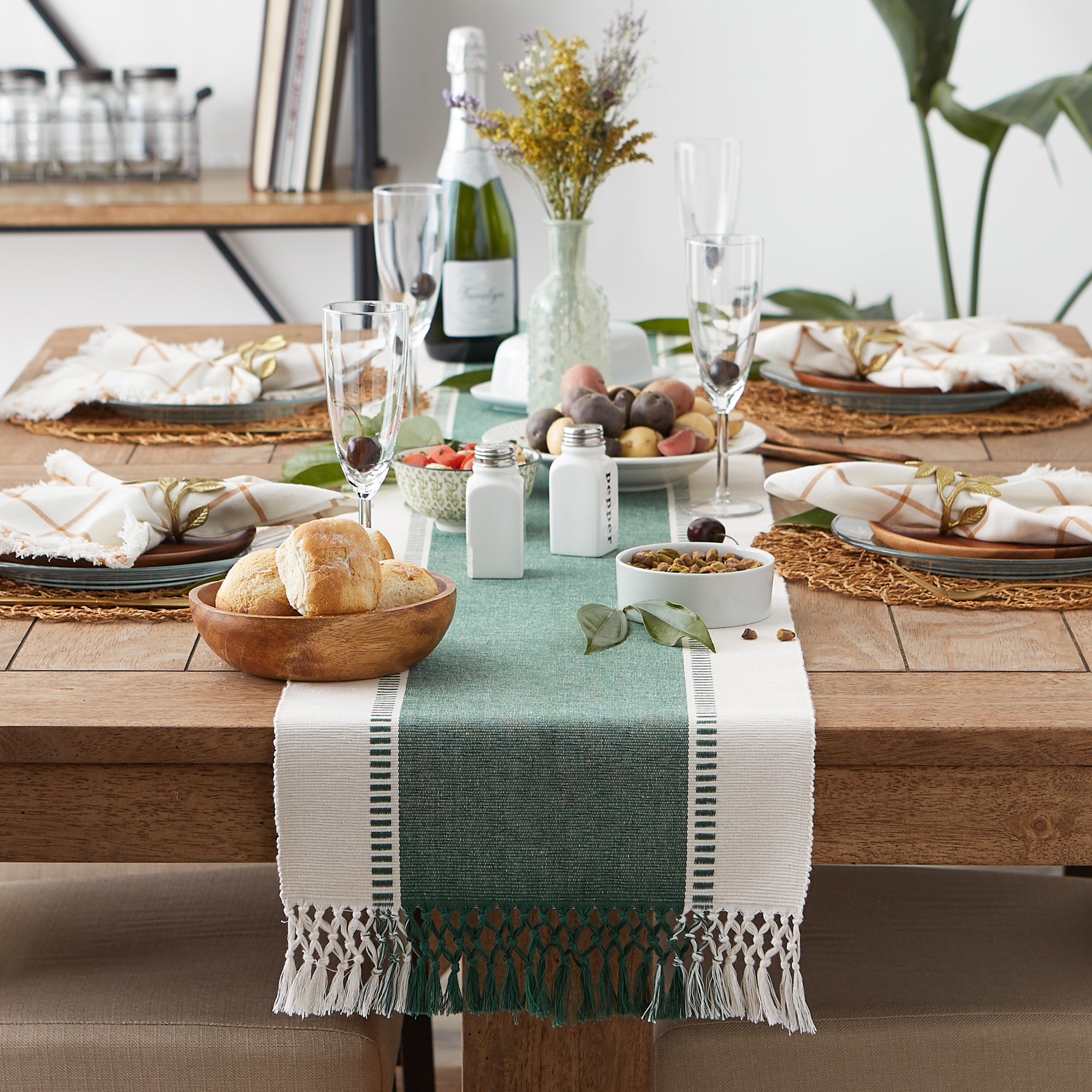 DII Ribbed Dobby Stripe Cotton Table Runner with Knotted Fringe