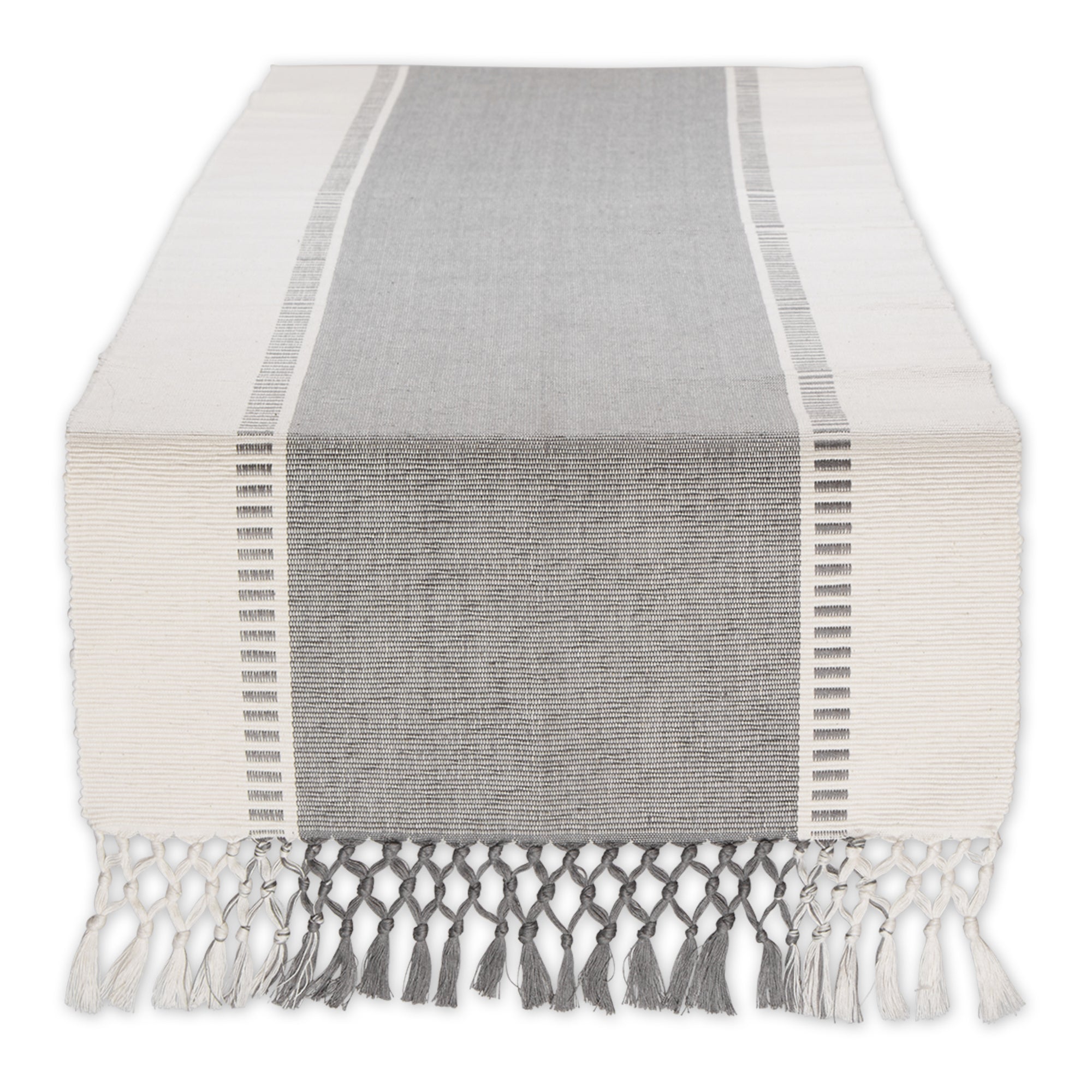 DII Ribbed Dobby Stripe Cotton Table Runner with Knotted Fringe