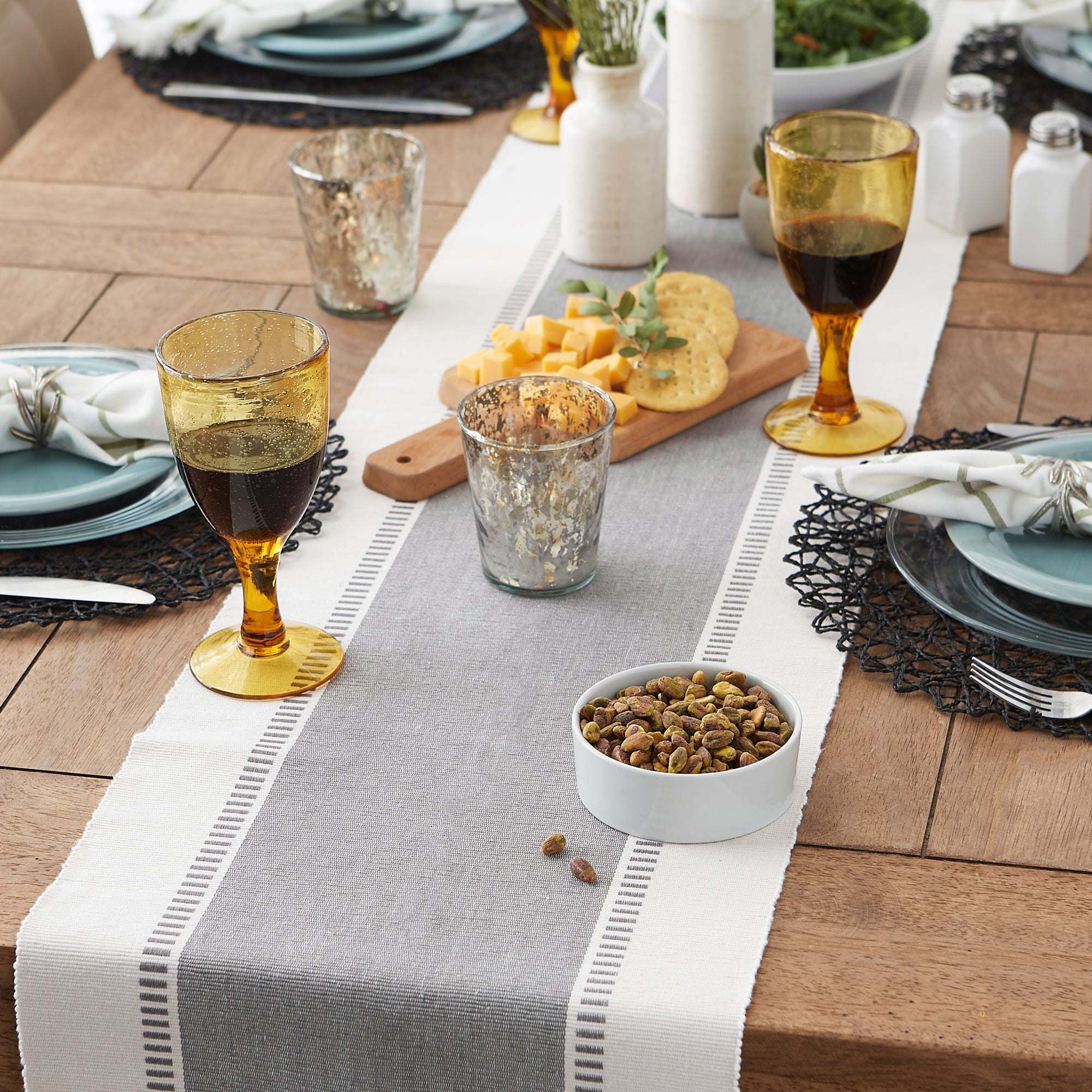 DII Ribbed Dobby Stripe Cotton Table Runner with Knotted Fringe