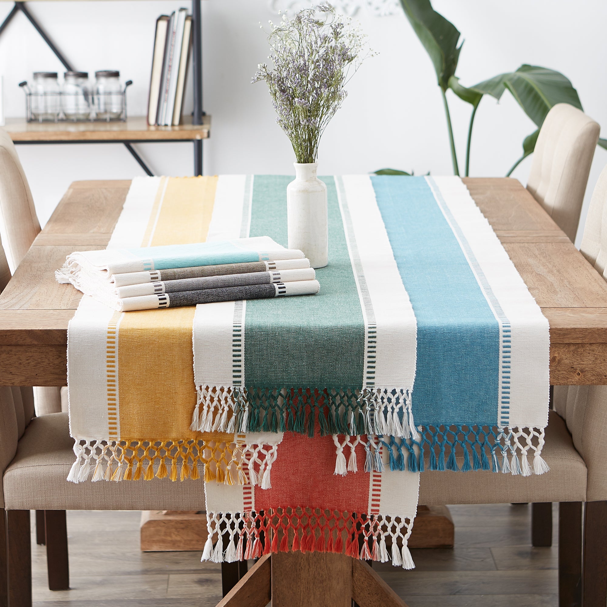 DII Ribbed Dobby Stripe Cotton Table Runner with Knotted Fringe
