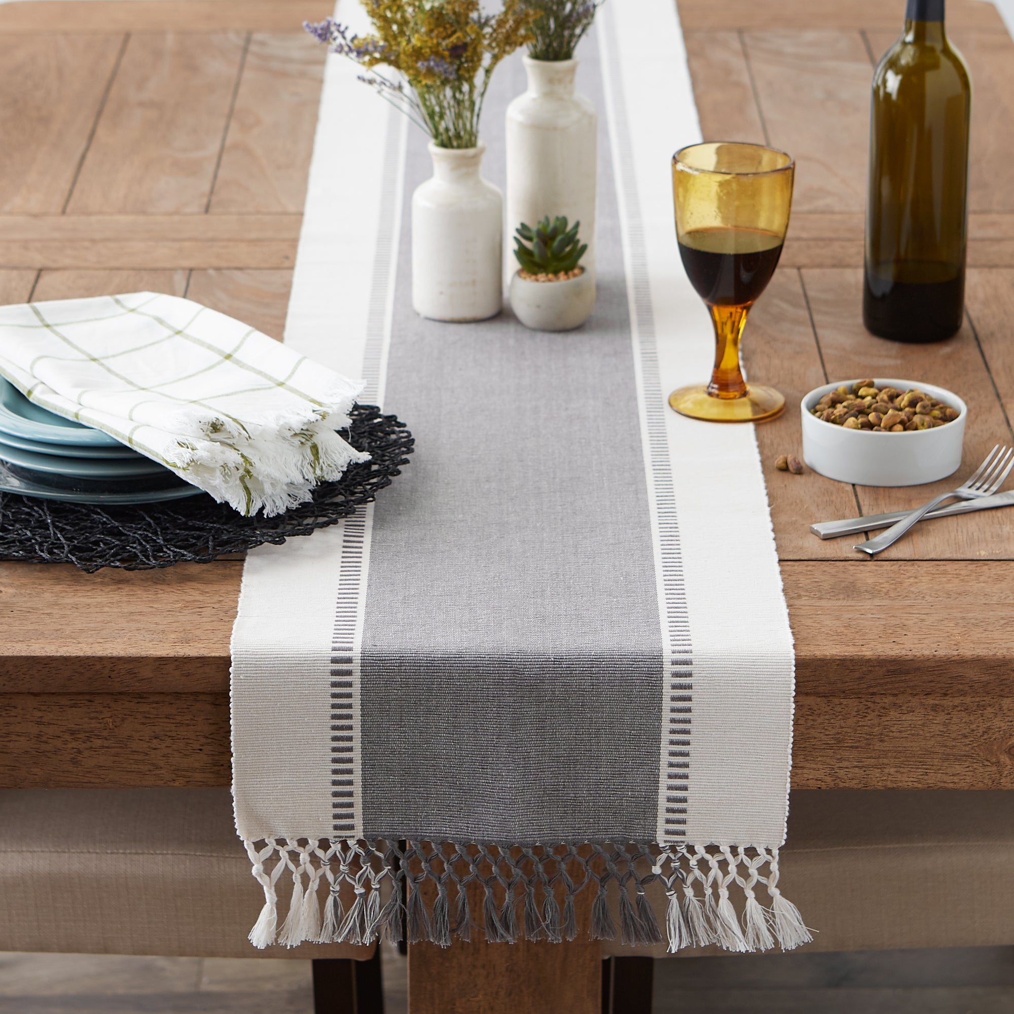 DII Ribbed Dobby Stripe Cotton Table Runner with Knotted Fringe