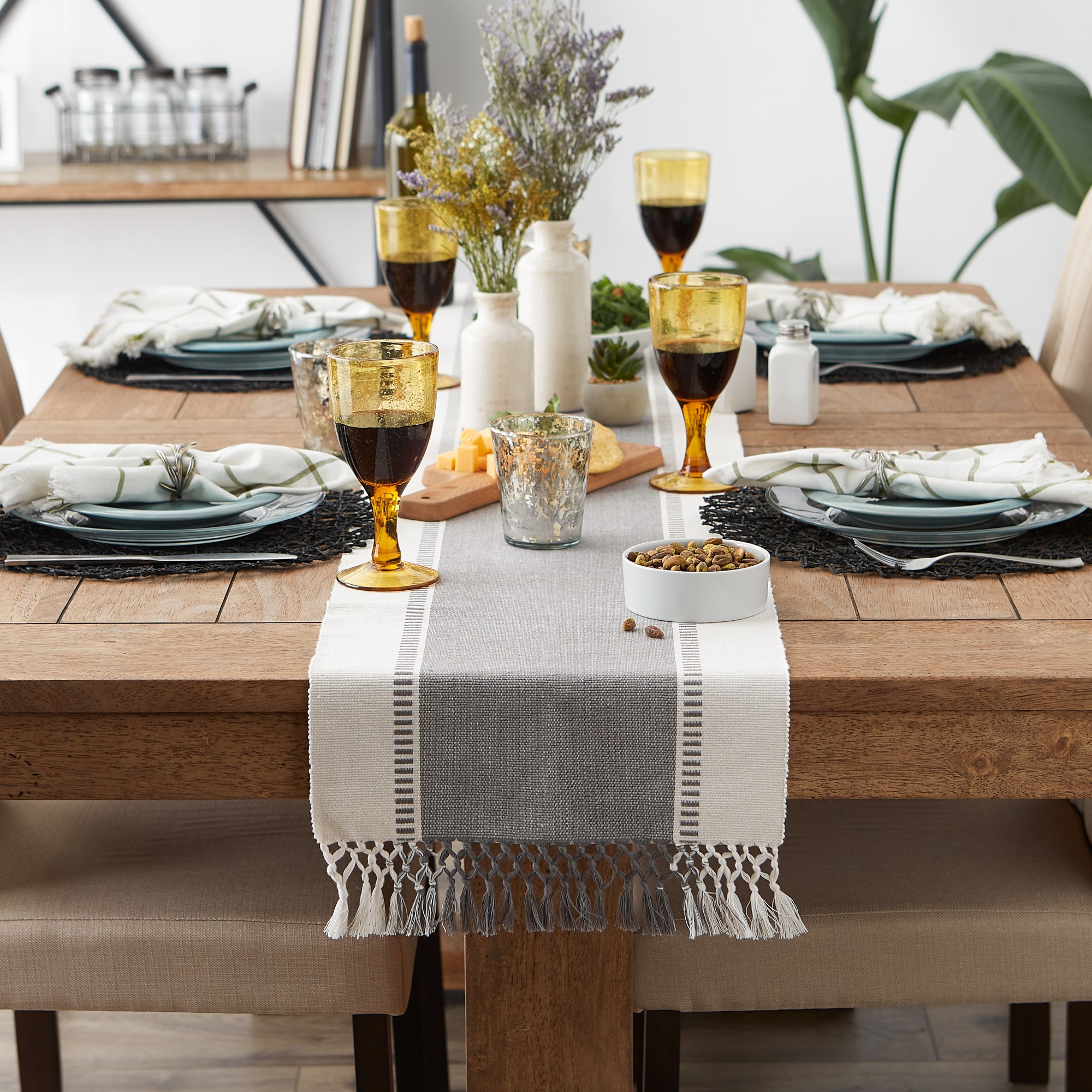 DII Ribbed Dobby Stripe Cotton Table Runner with Knotted Fringe