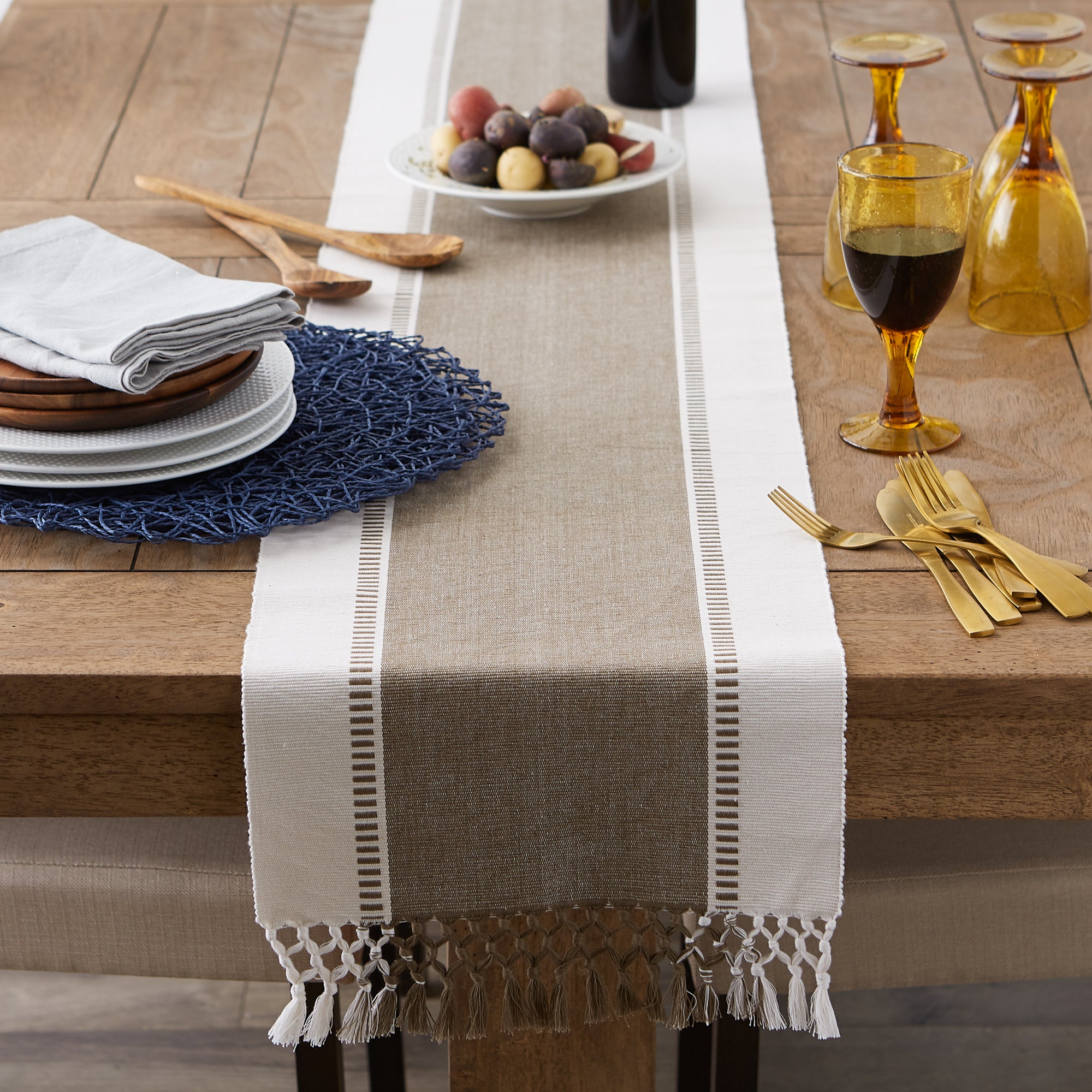 DII Ribbed Dobby Stripe Cotton Table Runner with Knotted Fringe