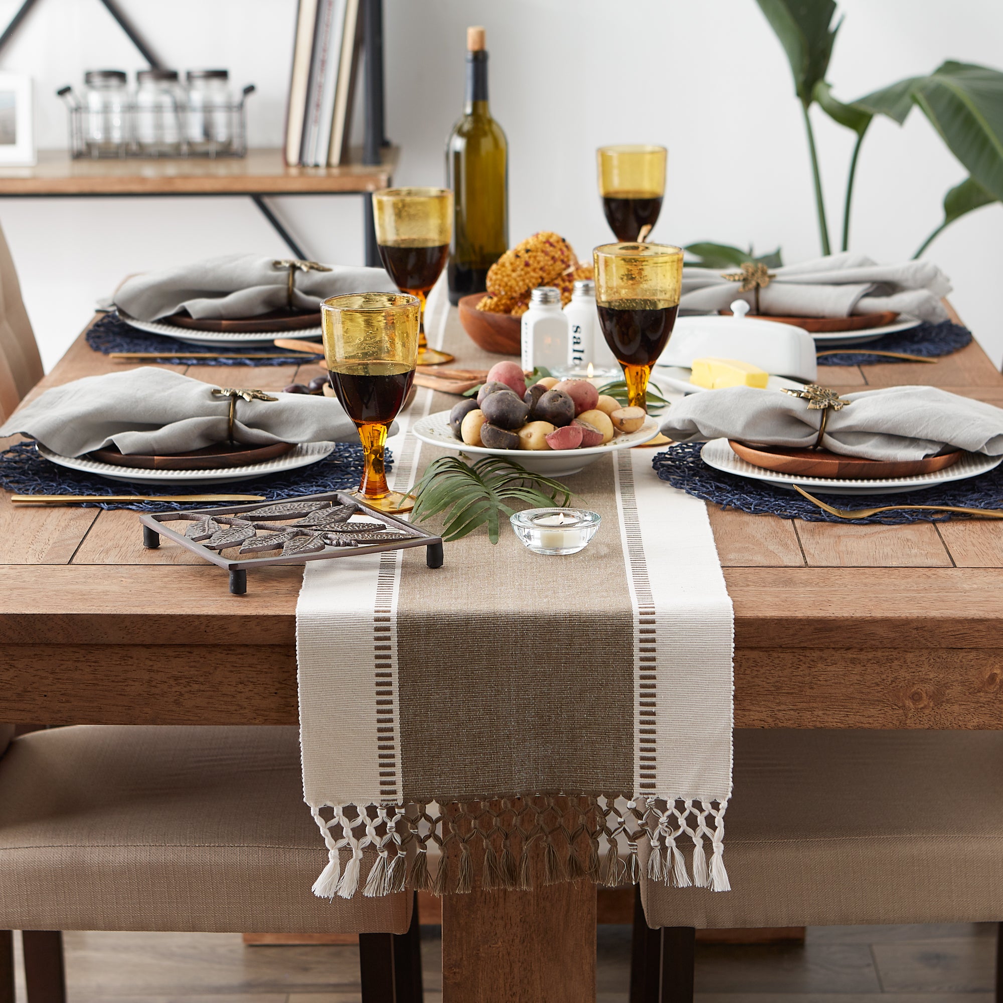 DII Ribbed Dobby Stripe Cotton Table Runner with Knotted Fringe