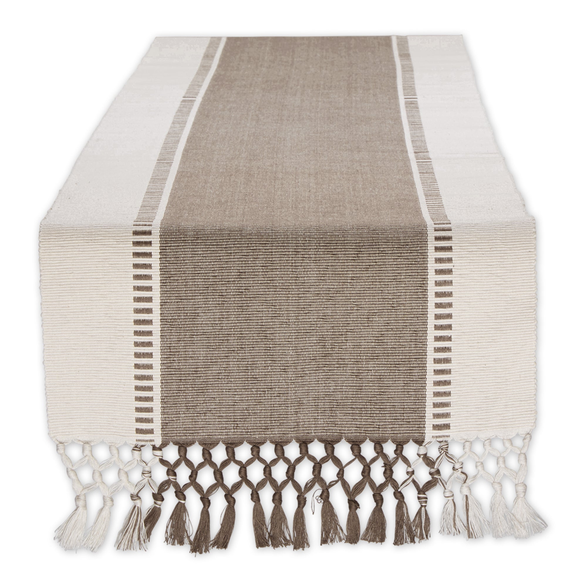 DII Ribbed Dobby Stripe Cotton Table Runner with Knotted Fringe