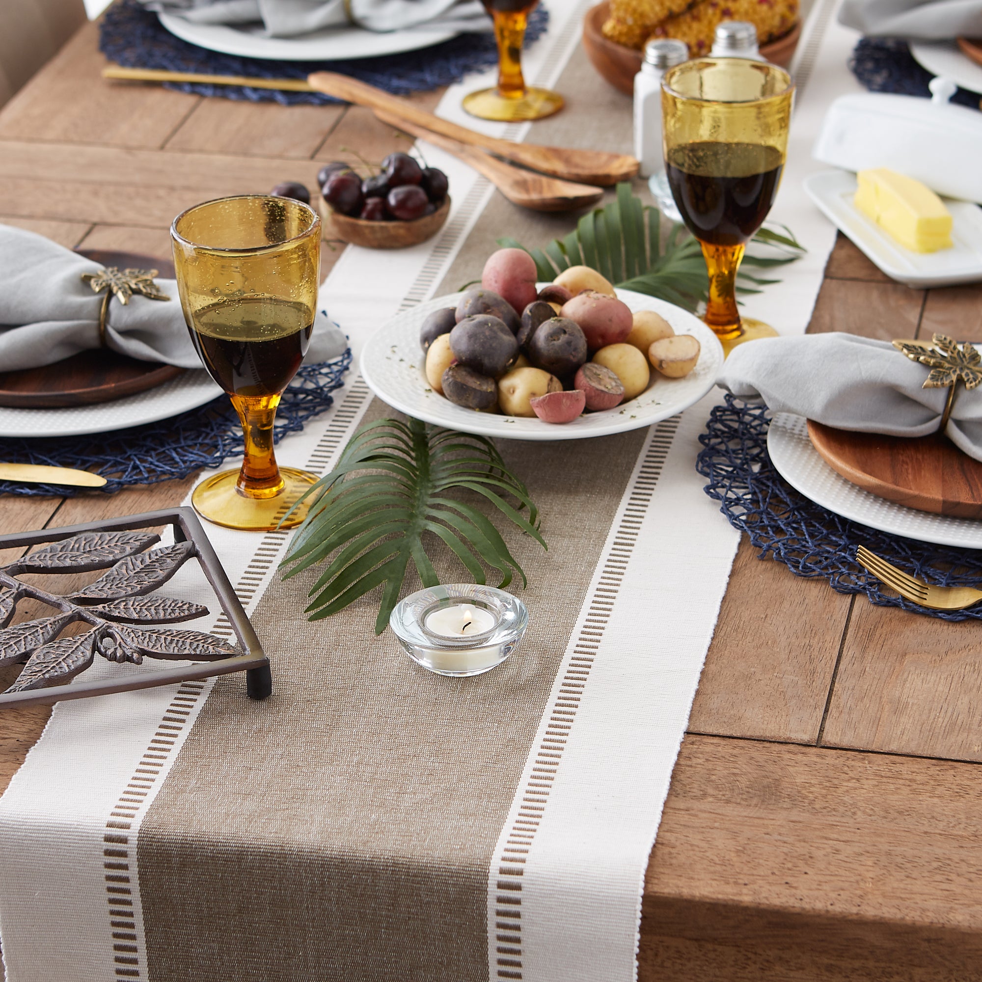 DII Ribbed Dobby Stripe Cotton Table Runner with Knotted Fringe