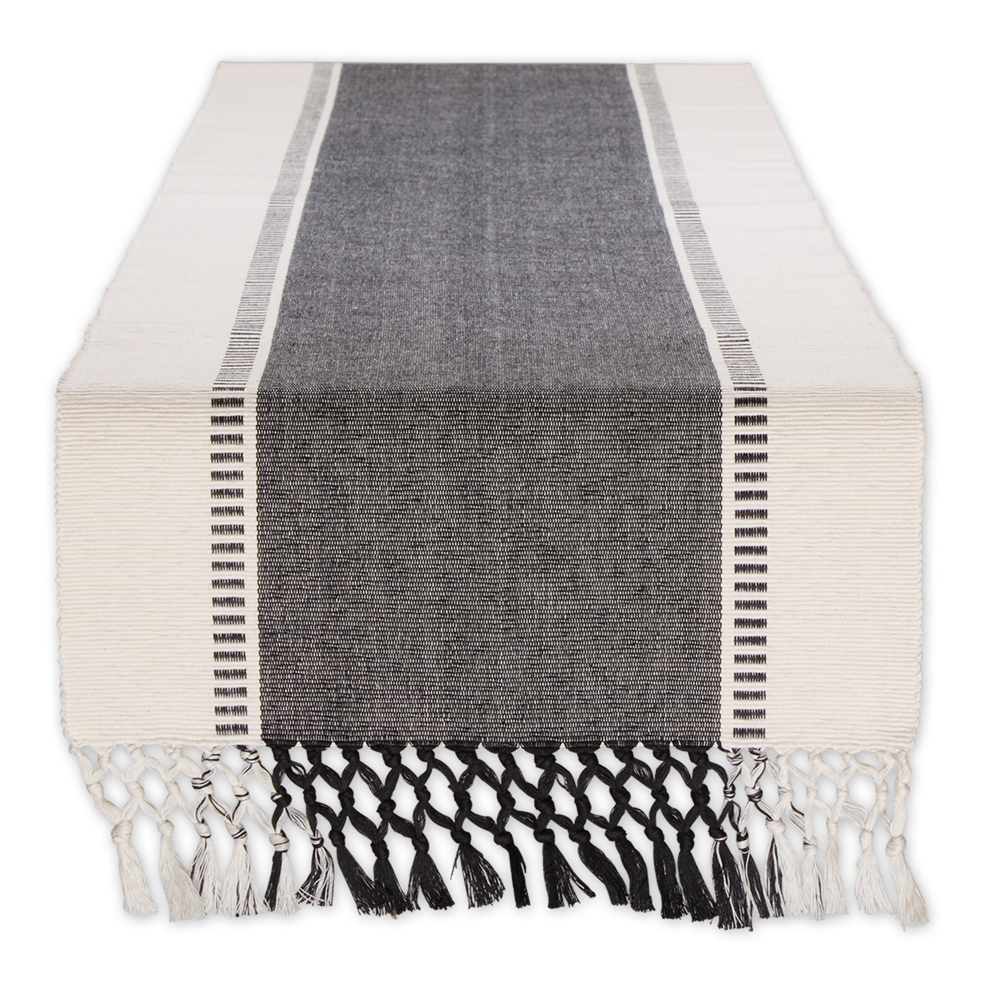 DII Ribbed Dobby Stripe Cotton Table Runner with Knotted Fringe
