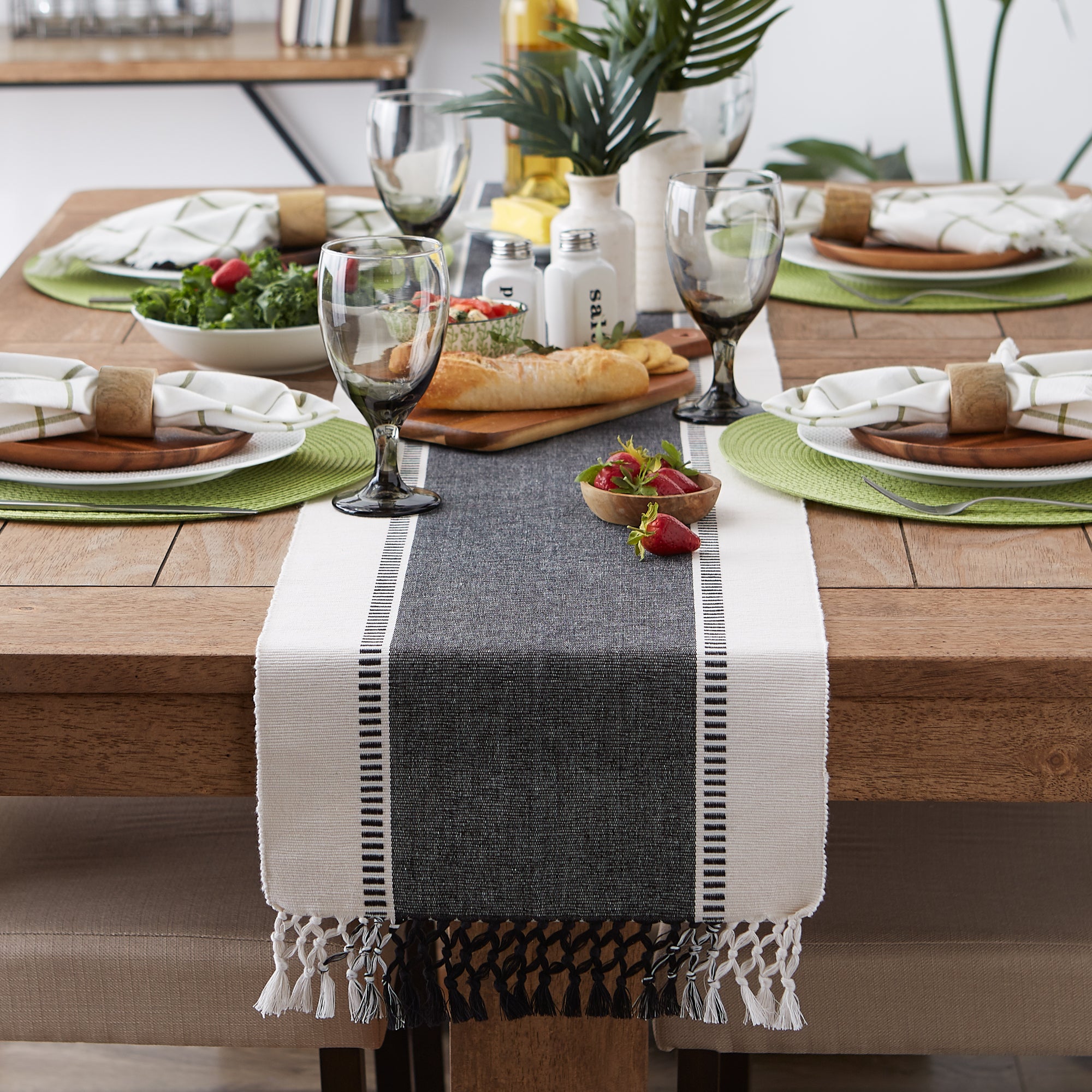 DII Ribbed Dobby Stripe Cotton Table Runner with Knotted Fringe