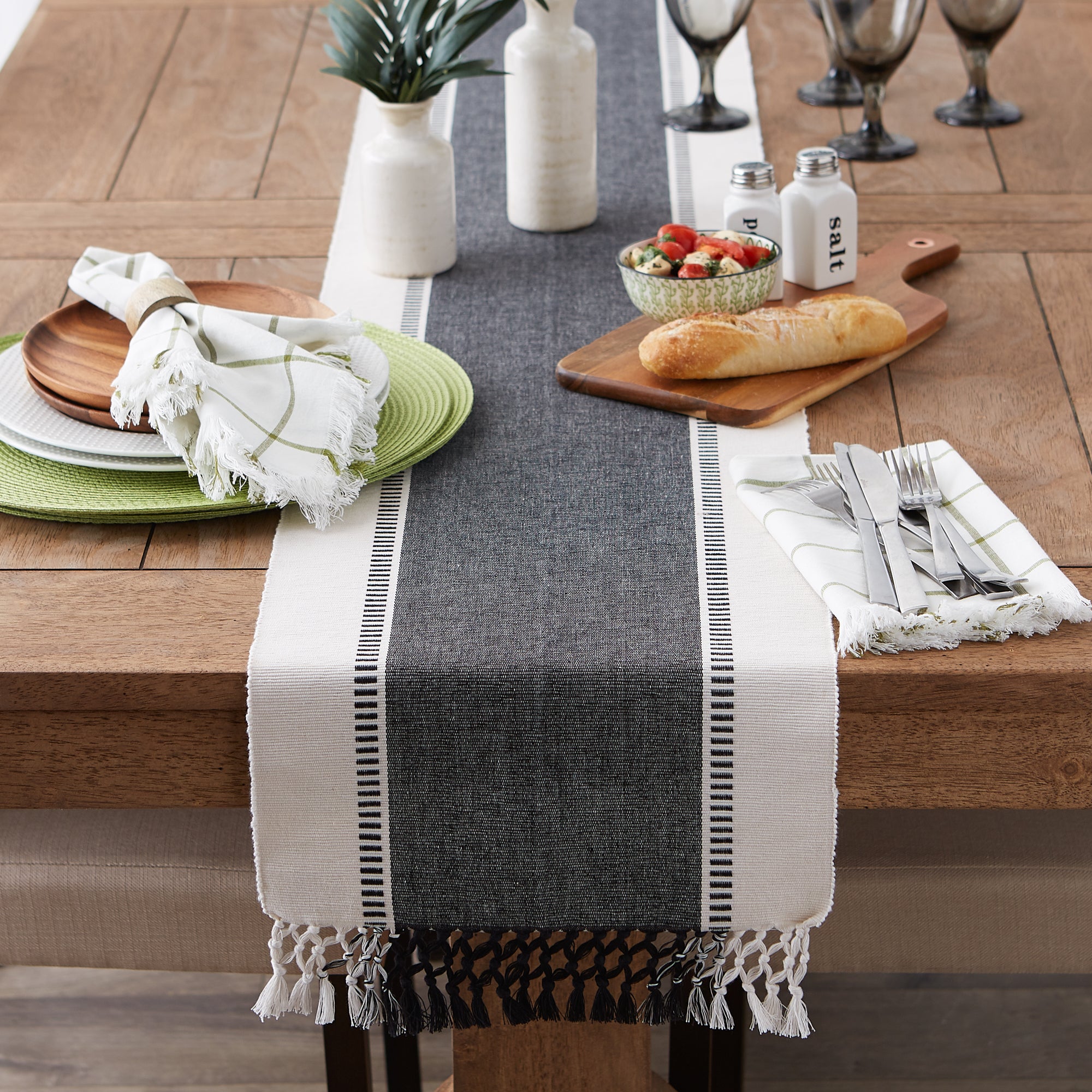 DII Ribbed Dobby Stripe Cotton Table Runner with Knotted Fringe