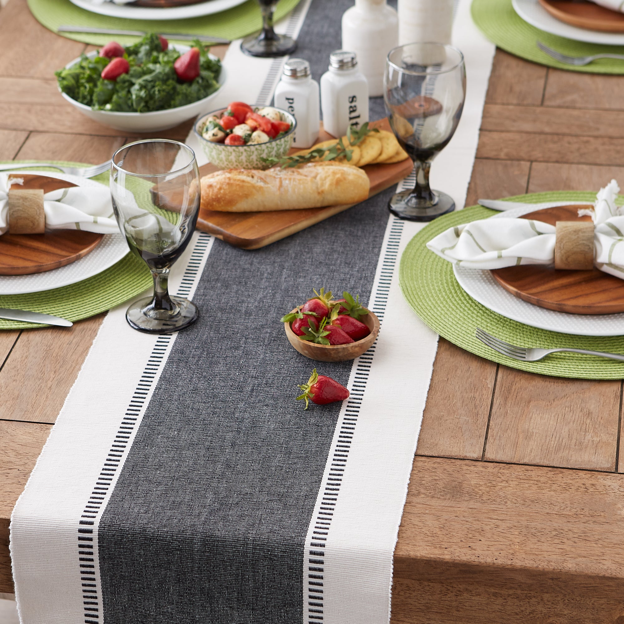 DII Ribbed Dobby Stripe Cotton Table Runner with Knotted Fringe