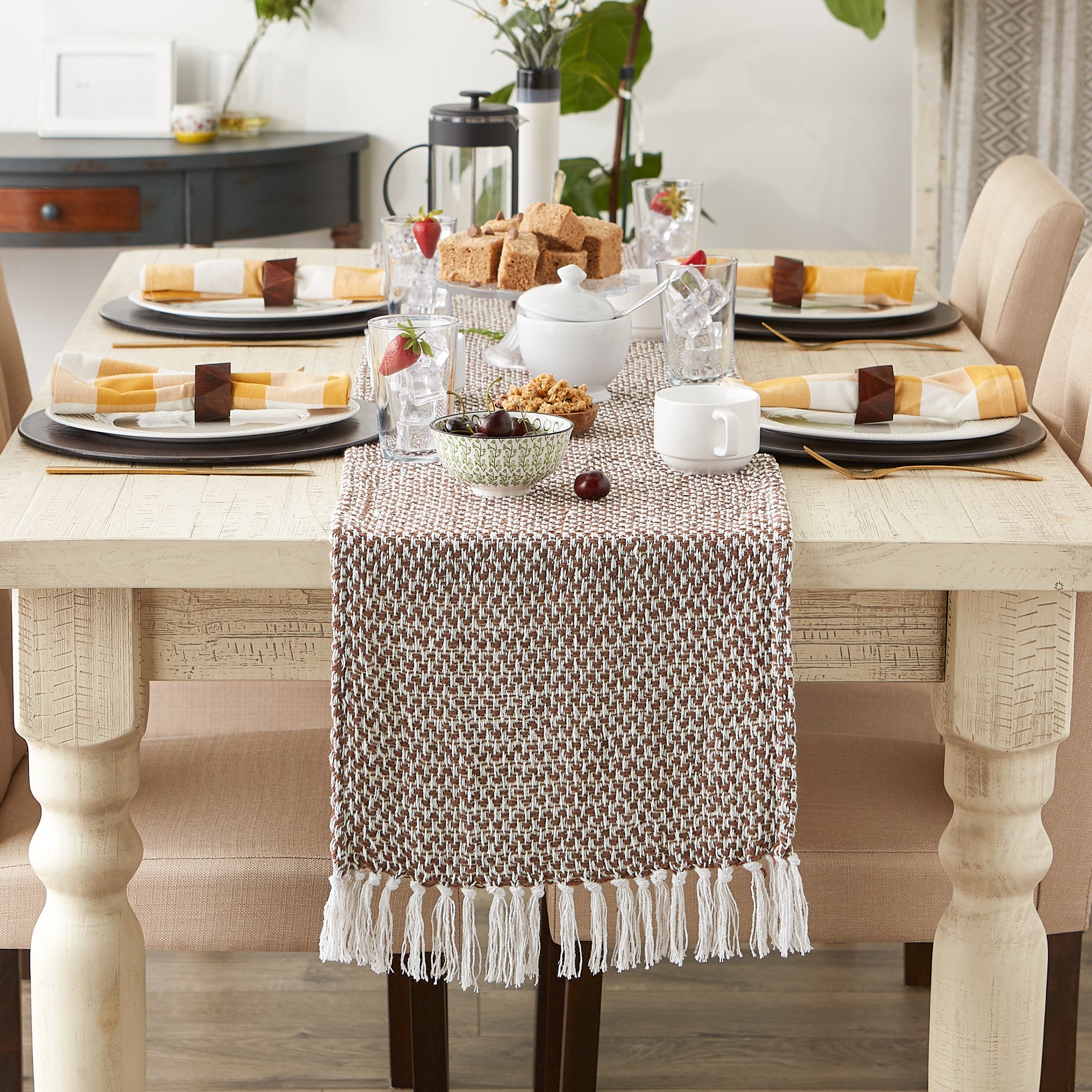 DII Woven Jacquard Fringe Cotton Table Runner
