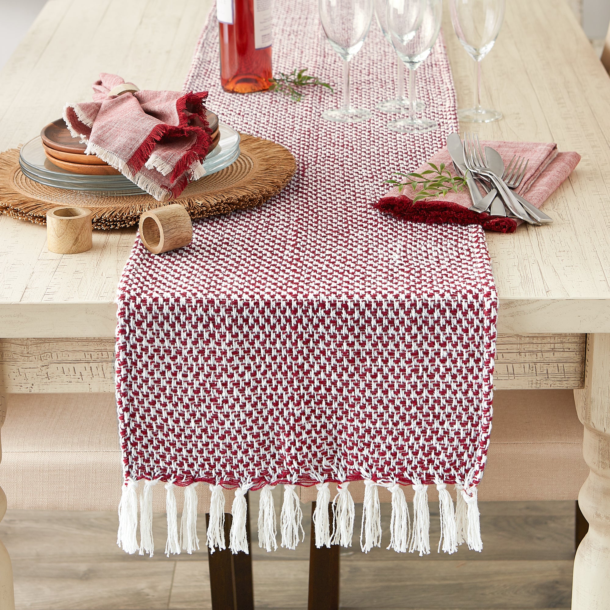 DII Woven Jacquard Fringe Cotton Table Runner