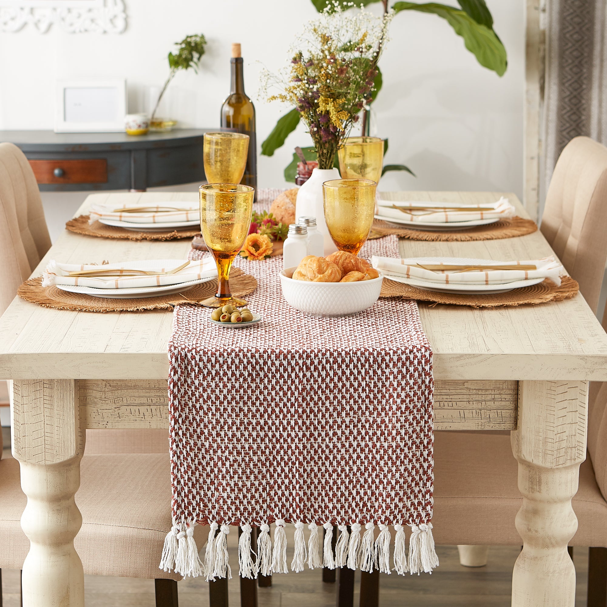 DII Woven Jacquard Fringe Cotton Table Runner