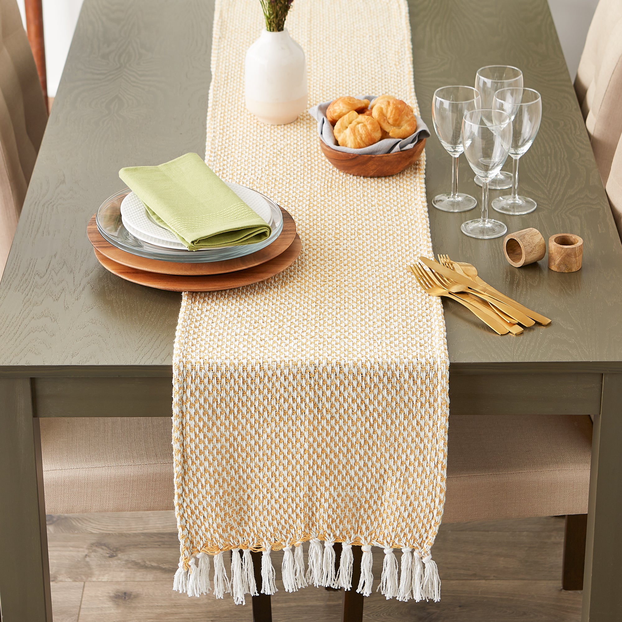 DII Woven Jacquard Fringe Cotton Table Runner