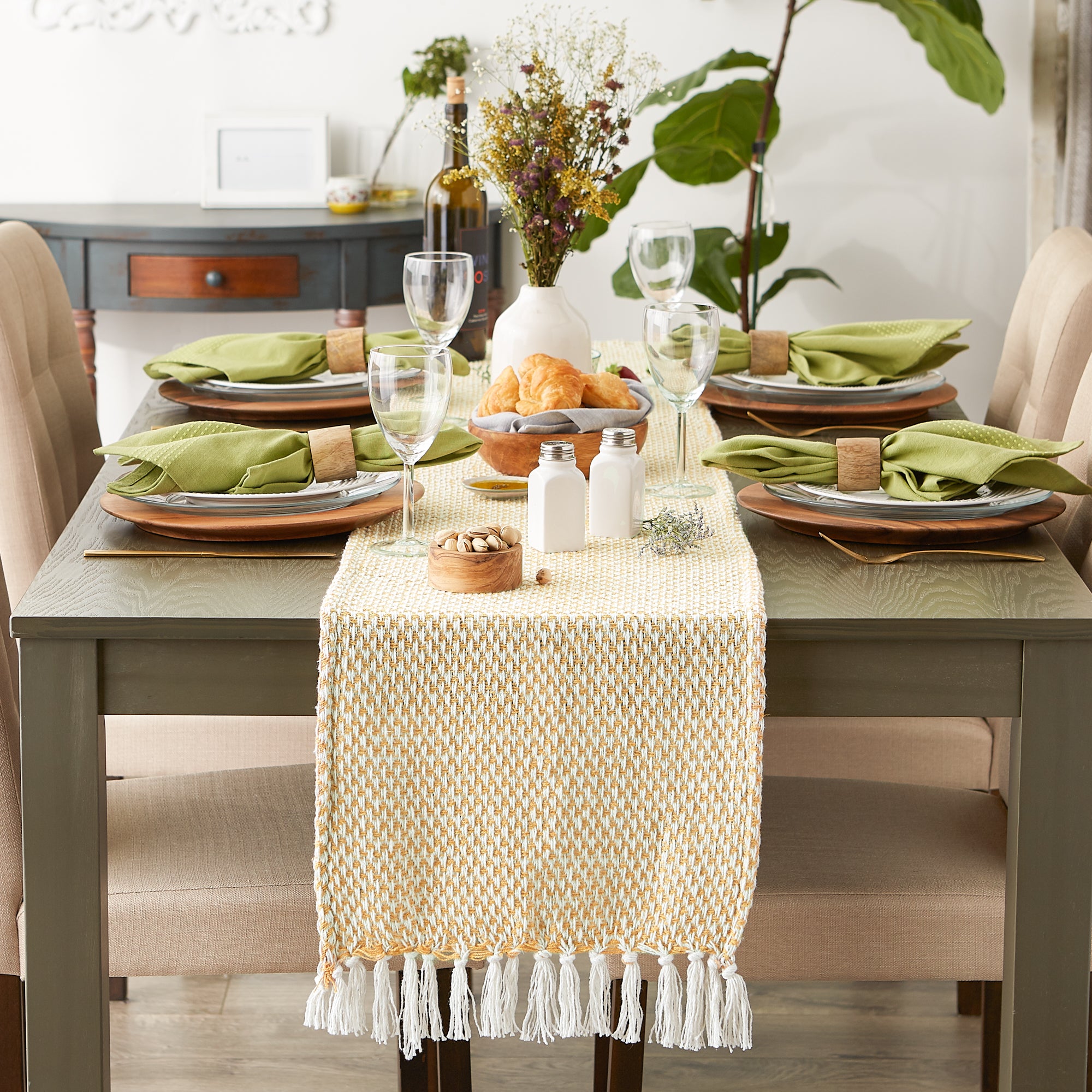 DII Woven Jacquard Fringe Cotton Table Runner